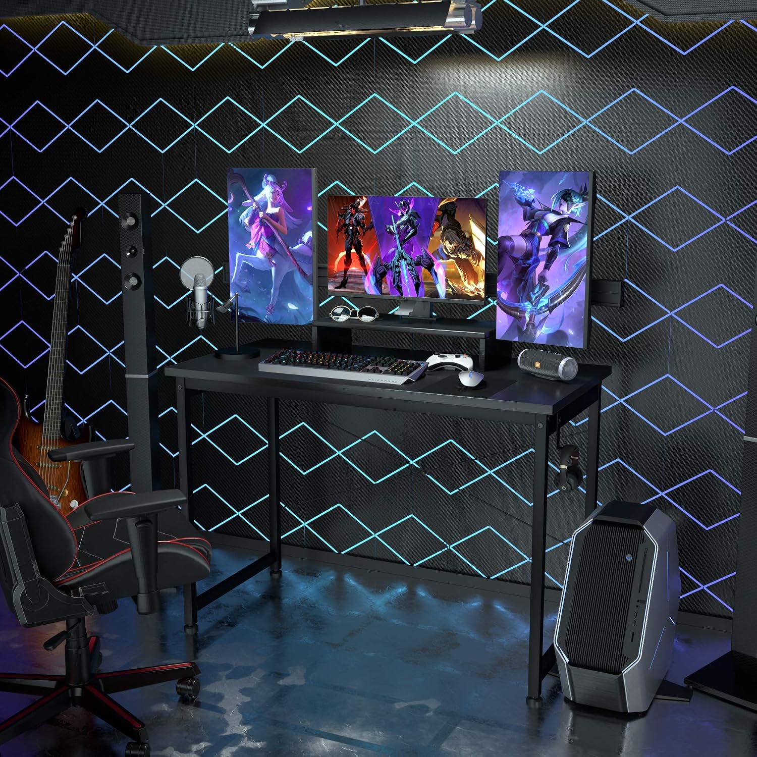 OTK Small Computer Desk 39" with Movable Monitor Shelf Riser, Sturdy Home Office Desk, Writing Desk, Gaming Desk with Headphone Hook, Computer Work Station, Work Table, Black