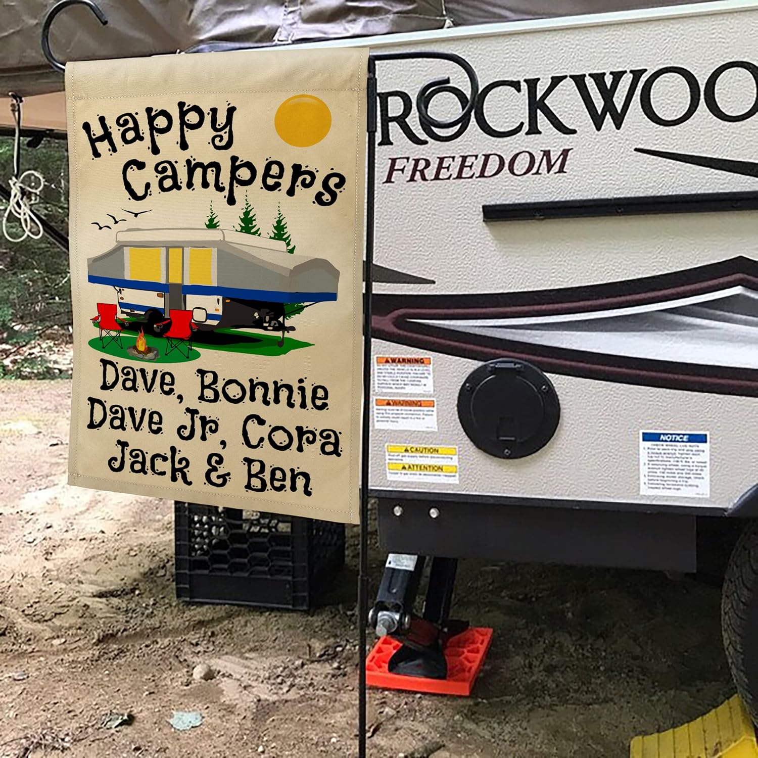 Personalized Camping Flag, Features a Blue Pop-Up Tent Trailer with 3 Additional Lines of Your Custom Text, Printed on Tan Fabric
