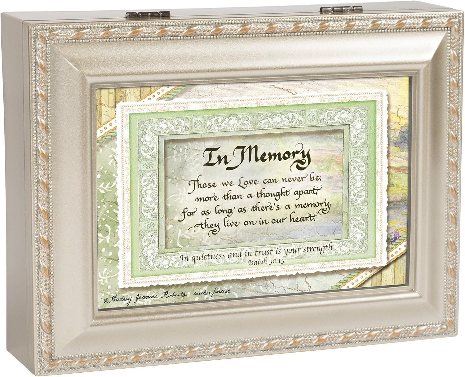 Cottage Garden in Memory Those We Love Silvertone Rope Trim Jewelry Music Box Plays Amazing Grace
