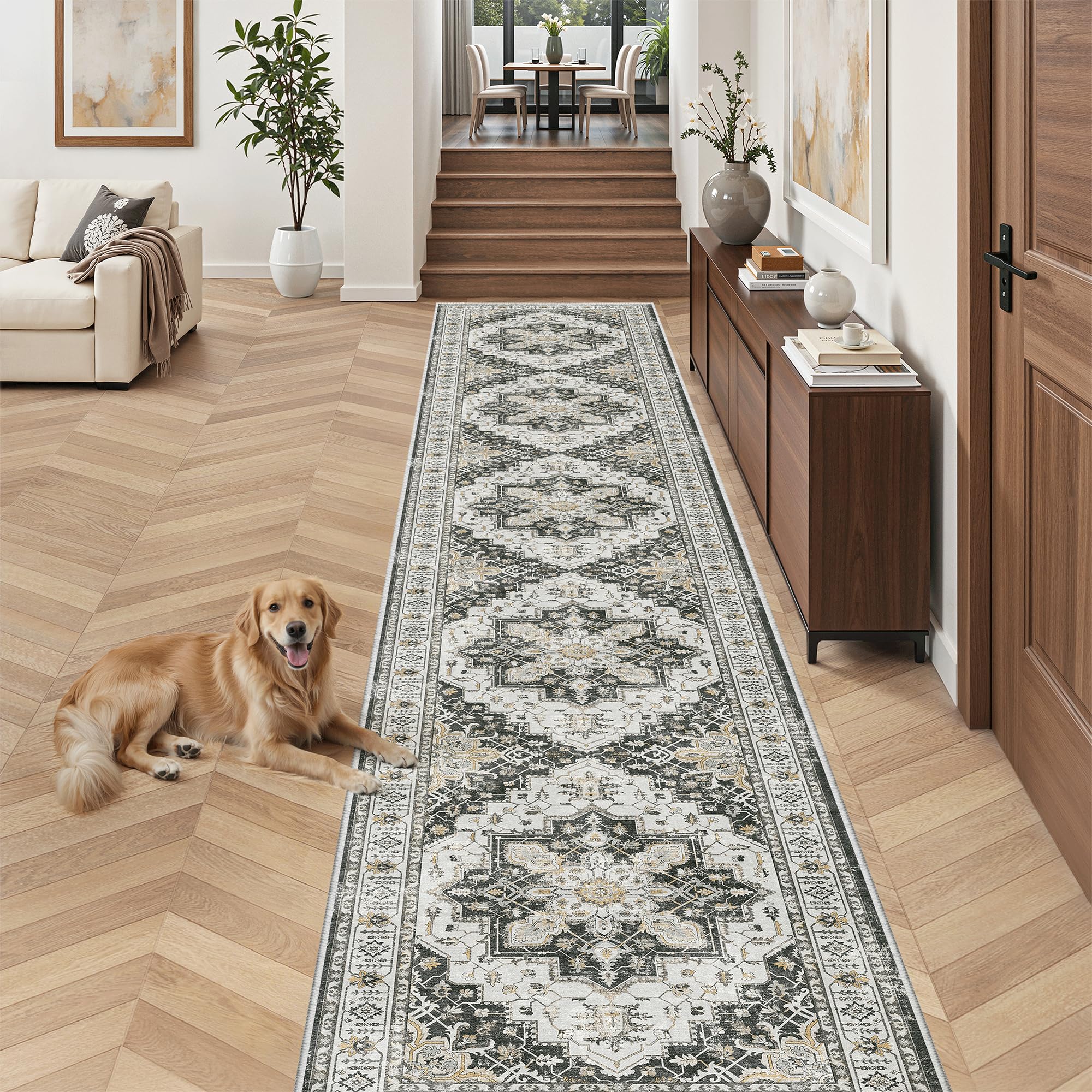 Madane Hallway Runner Rug 2'6''x16' Kitchen Runner - Non Slip Vintage Runners for Hallways Washable Kitchen Rugs Soft Low Pile 2.5x16 ft Rug Runner for Laundry Room, Entryway and Bedroom, Black — image 1