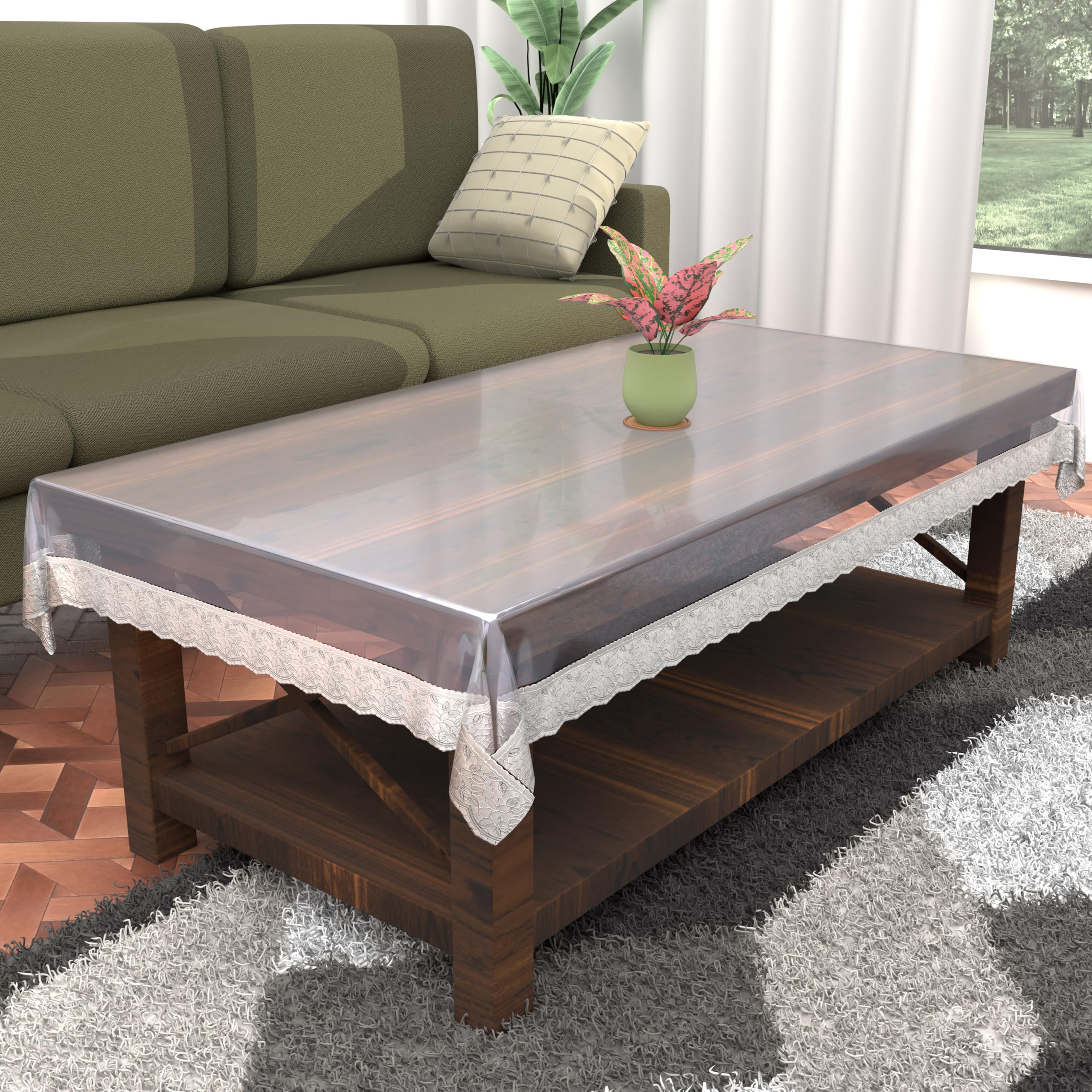 Kuber Industries PVC Transparent Table Cover 4 Seater | Table Protector Sheet | Waterproof and Dustproof | Silver Lace Transparent Table Cloth | Rectangular Center Table Cover | 40X60 Inch | Silver