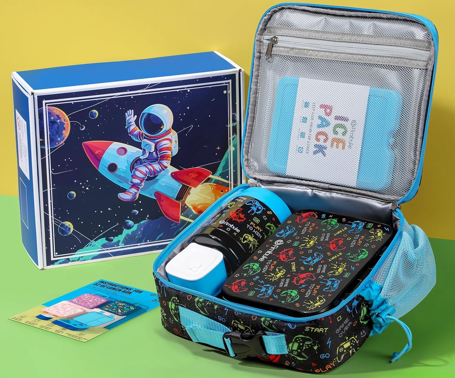 Fimibuke Bento Lunch Box for Kids, 3-Compartment 32OZ Snack Lunch Container, Lunch Bag, 12OZ Insulated Food Jar & Ice Pack Set for Age 3-12 School Daycare Toddler Teen Girls Boys, Gamepad - Image 2