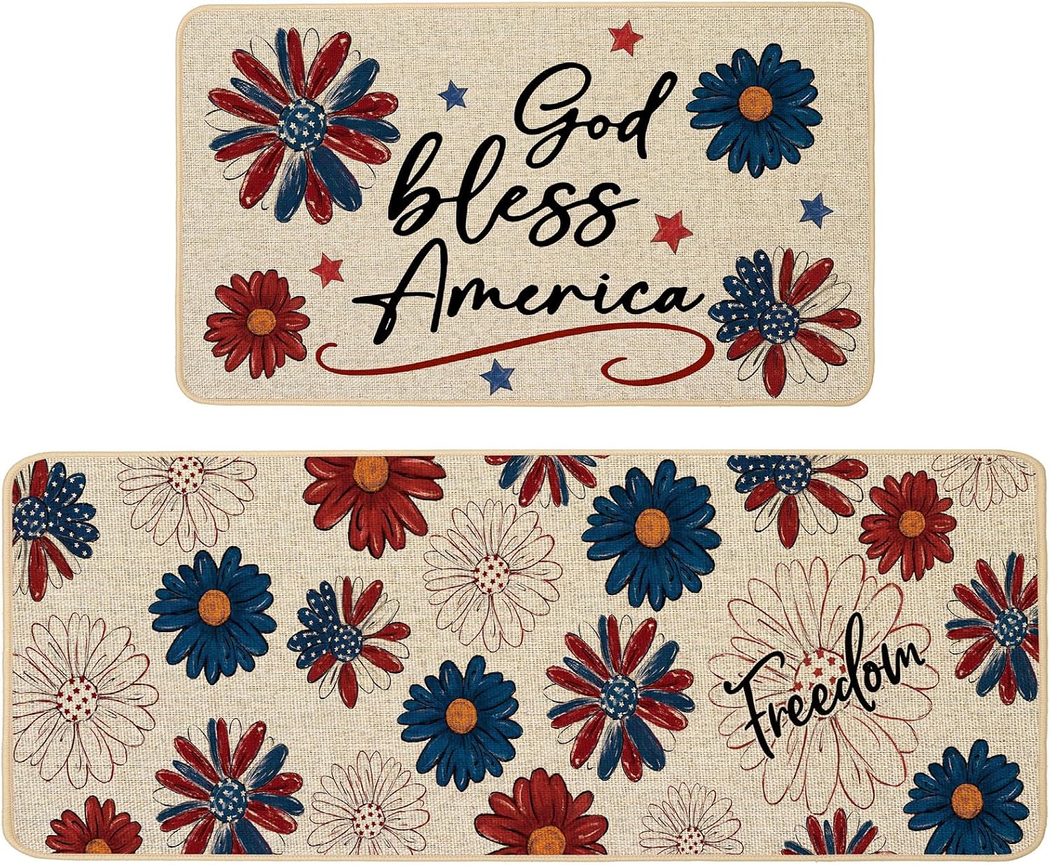 Baccessor Patriotic Kitchen Rugs Set of 2, Memorial Day 4th of July Independence Day Daisy Flower Kitchen Mats for Floor Low-Profile Holiday Home Decor 17x29 and 17x47 Inch