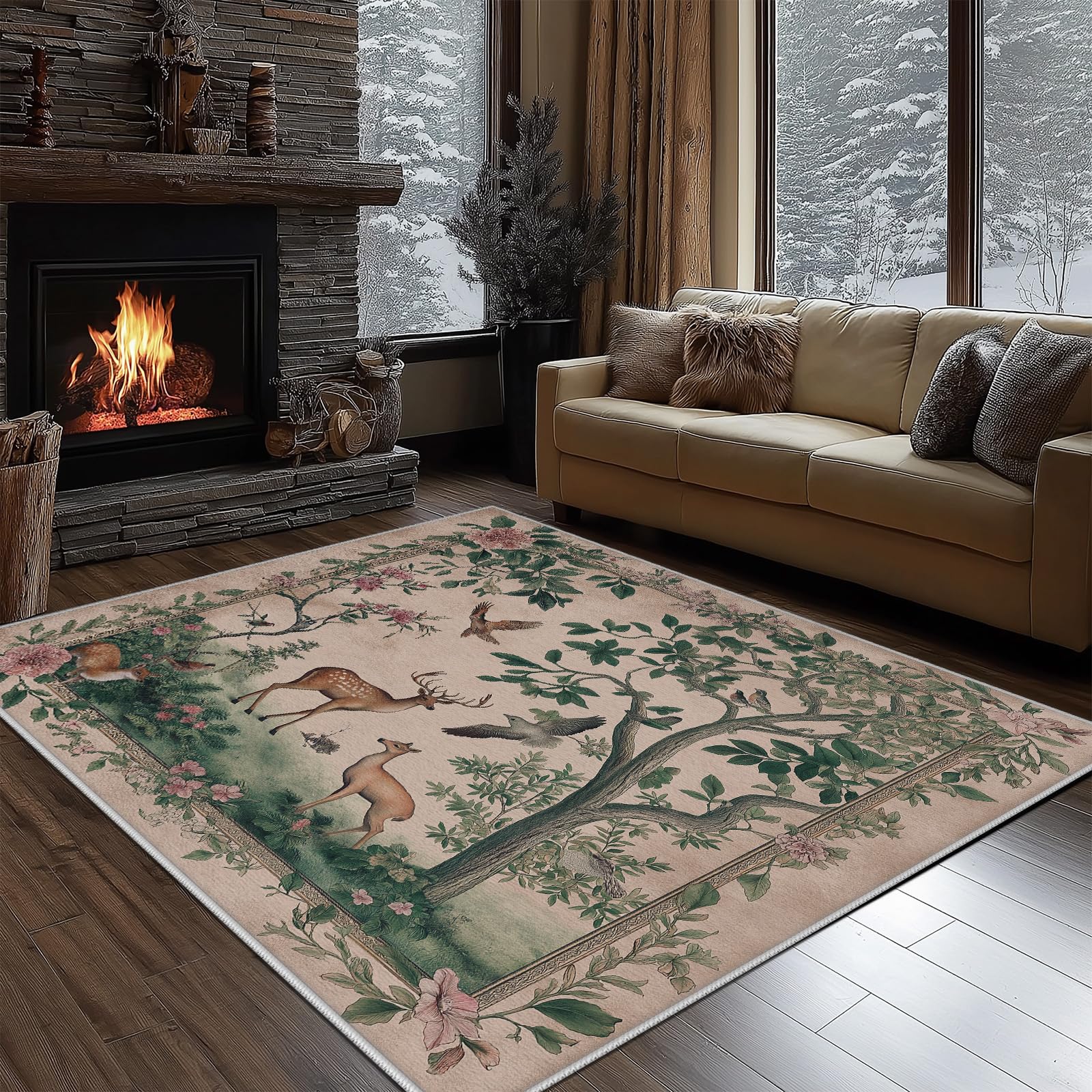 Tapis chambre d'enfant vintage cerf sika floral doux pour grand salon
