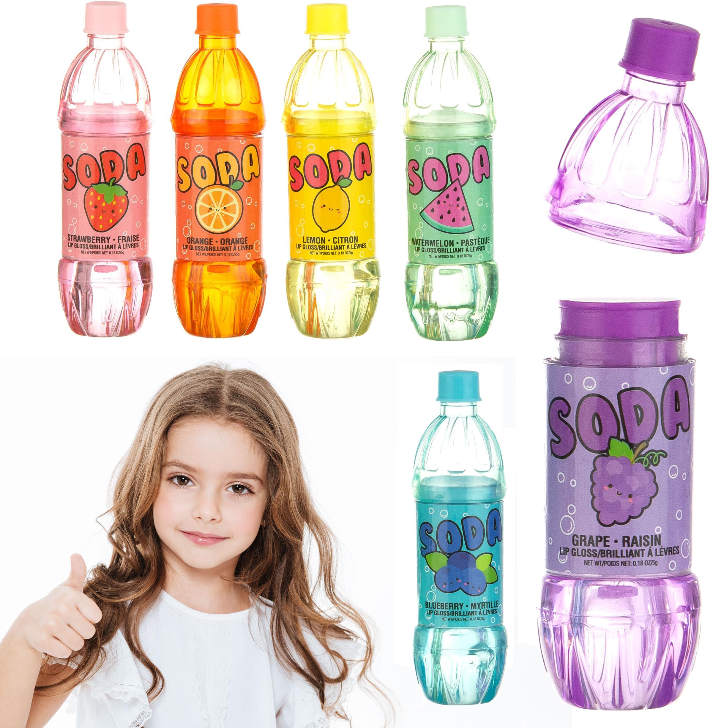 6pc Soda Pop Lip Gloss Collection - Fruit Flavored, Non-Toxic Soda Bottle Lip Gloss Set, Teen Girls Party Favors