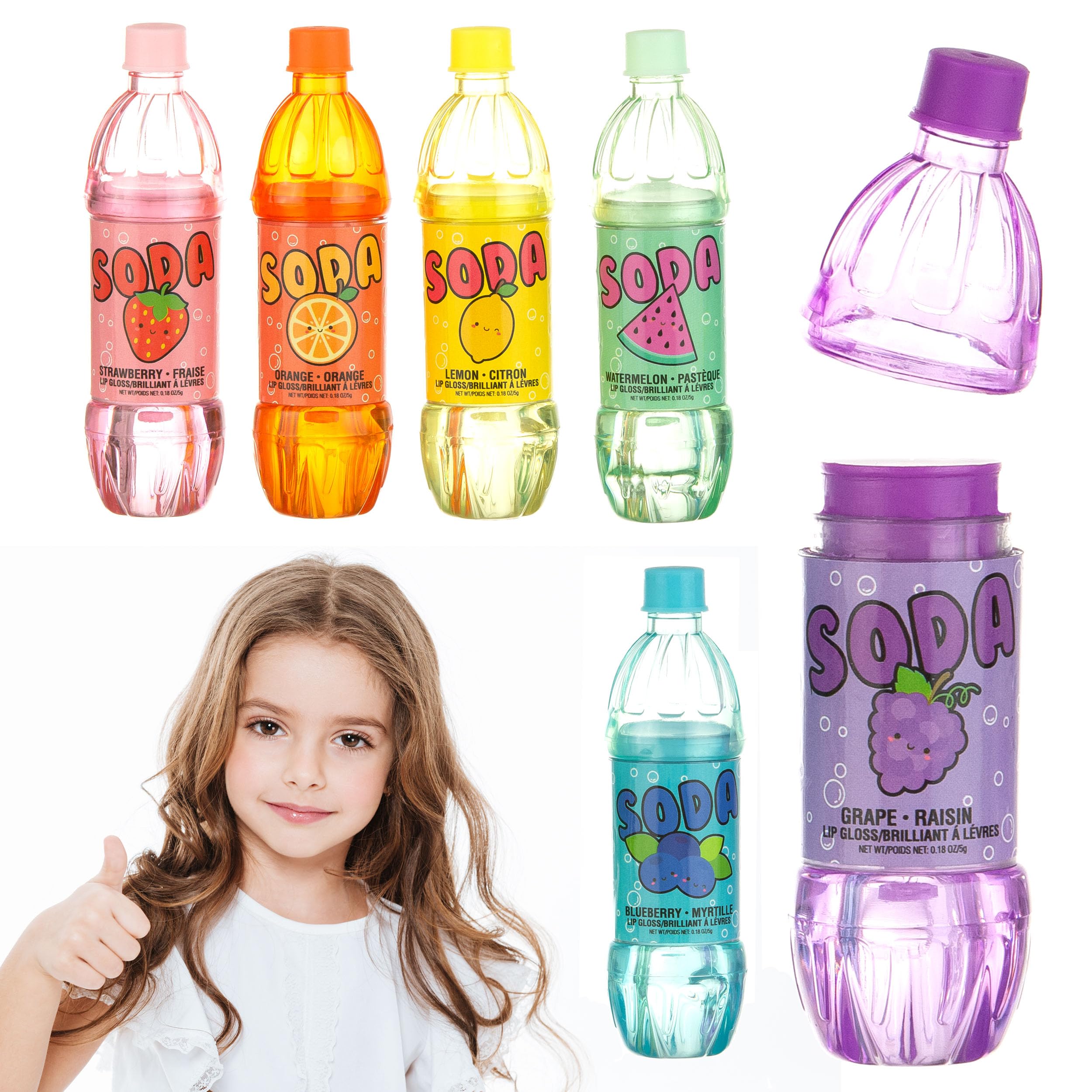 EXPRESSIONS 6pc Soda Pop Lip Gloss Collection - Fruit Flavored, Non-Toxic Soda Bottle Lip Gloss Set, Teen Girls Party Favors