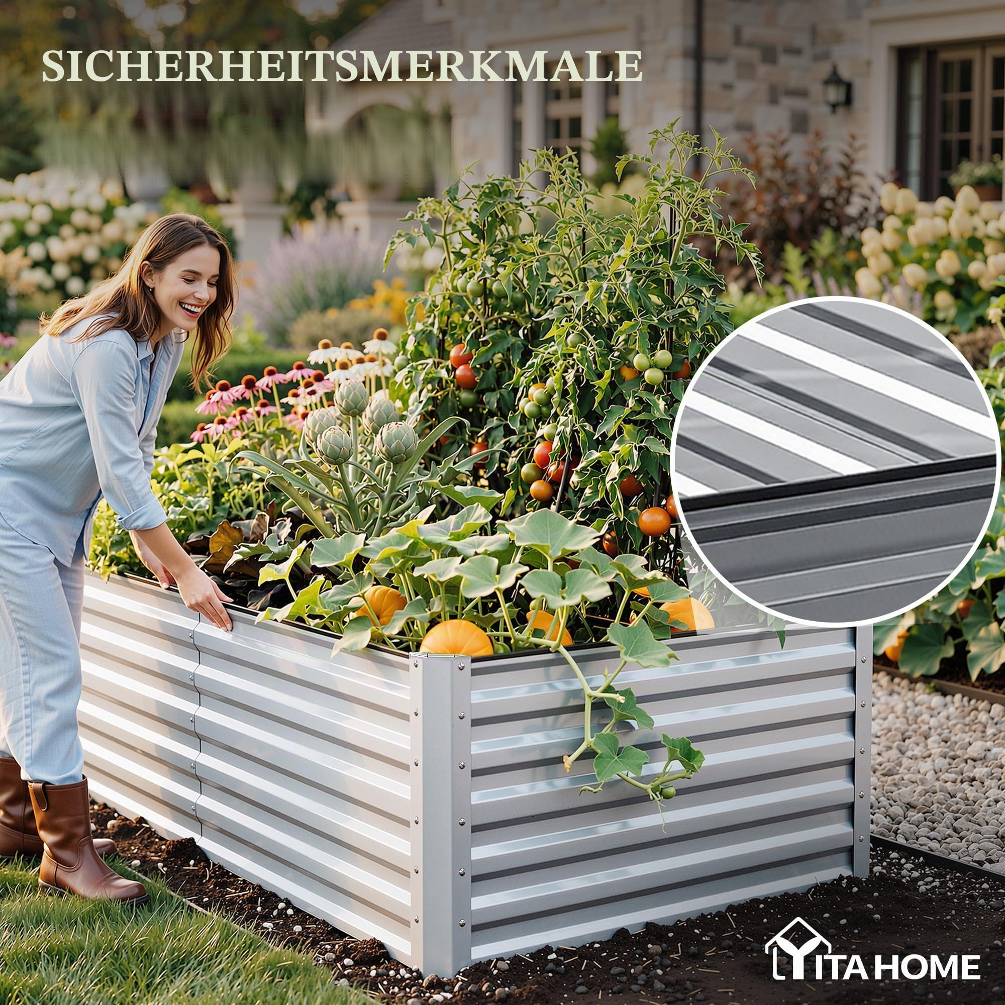 DWVO Hochbeete für den Garten,1550L Hochbeet aus Metall,Verzinkter Stahl 0.35 mm mit Sicherheitsrand und 4 Stützstangen für Gartenobst und gemüse(Silber,240 x 120 x 54 cm)