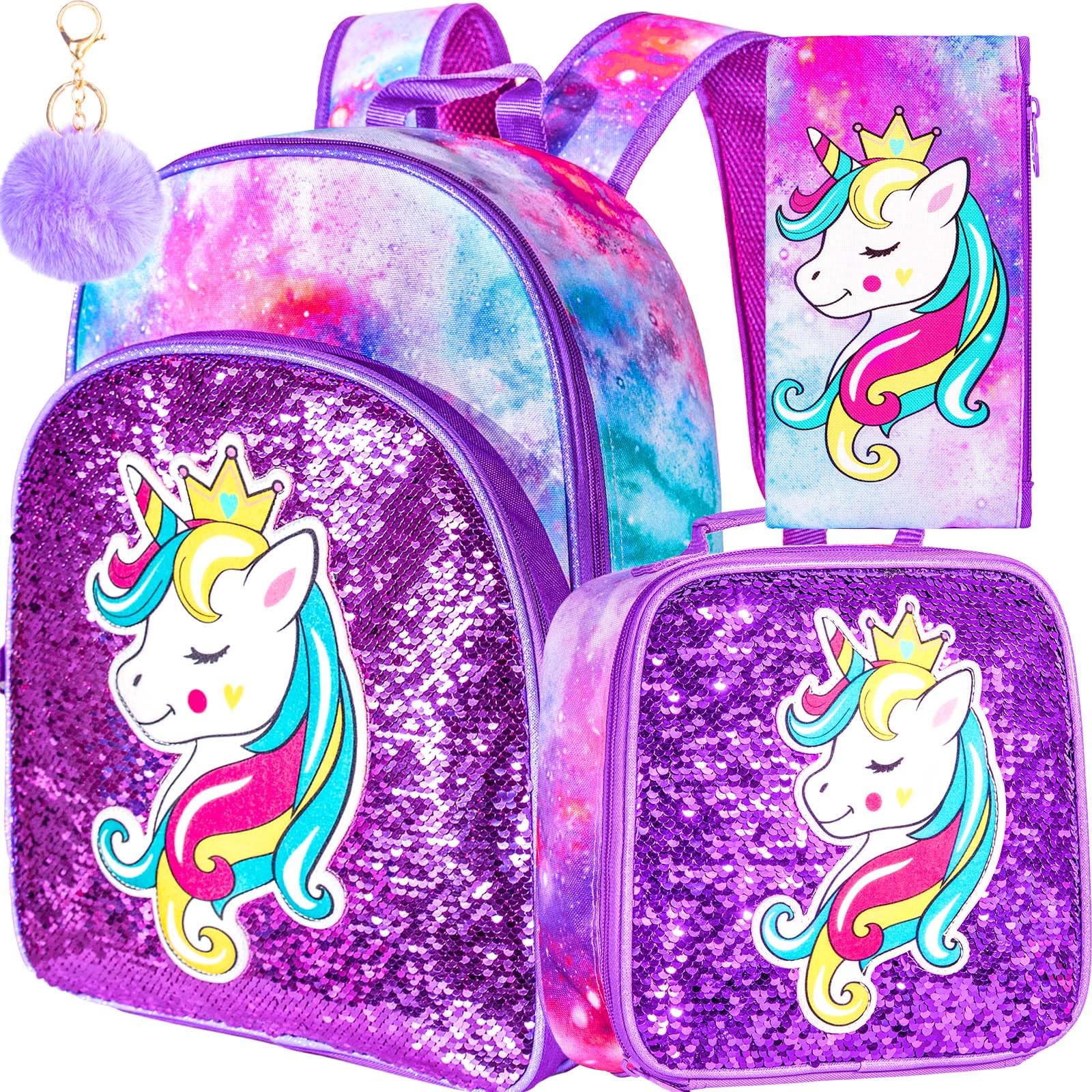 FTJCF 3PCS Girls Backpack, 16" Kids Sequins Unicorn Bookbag with Lunch Box, School Bags for Elementary Preschool Kindergarten - Purple