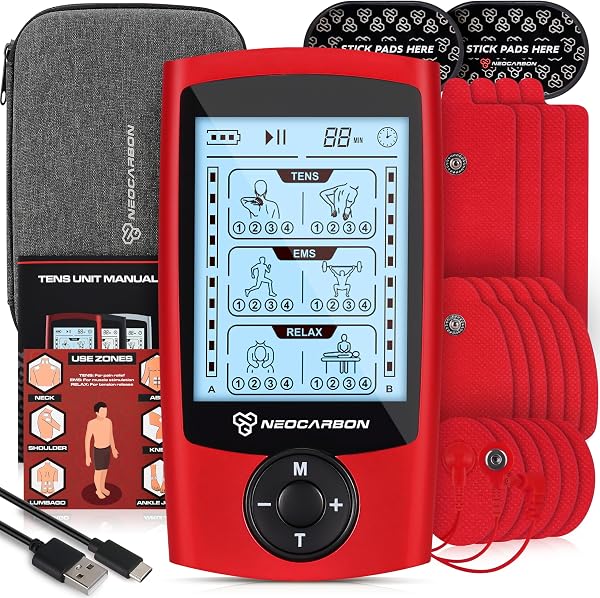 NEOCARBON TENS Unit Muscle Stimulator, Massager Machine for Shoulder, Neck, and Back Pain Relief, Electronic Pulse Massage Physical Therapy, Red