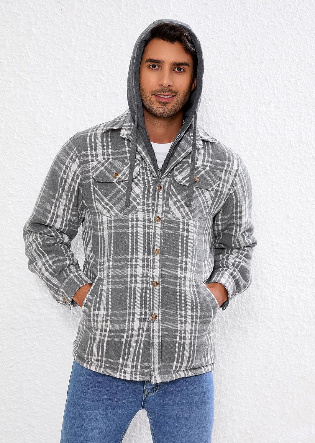 KOMANA Men's Zip Button Sherpa Plaid Flannel Shirt Jacket with Hood - Image 6