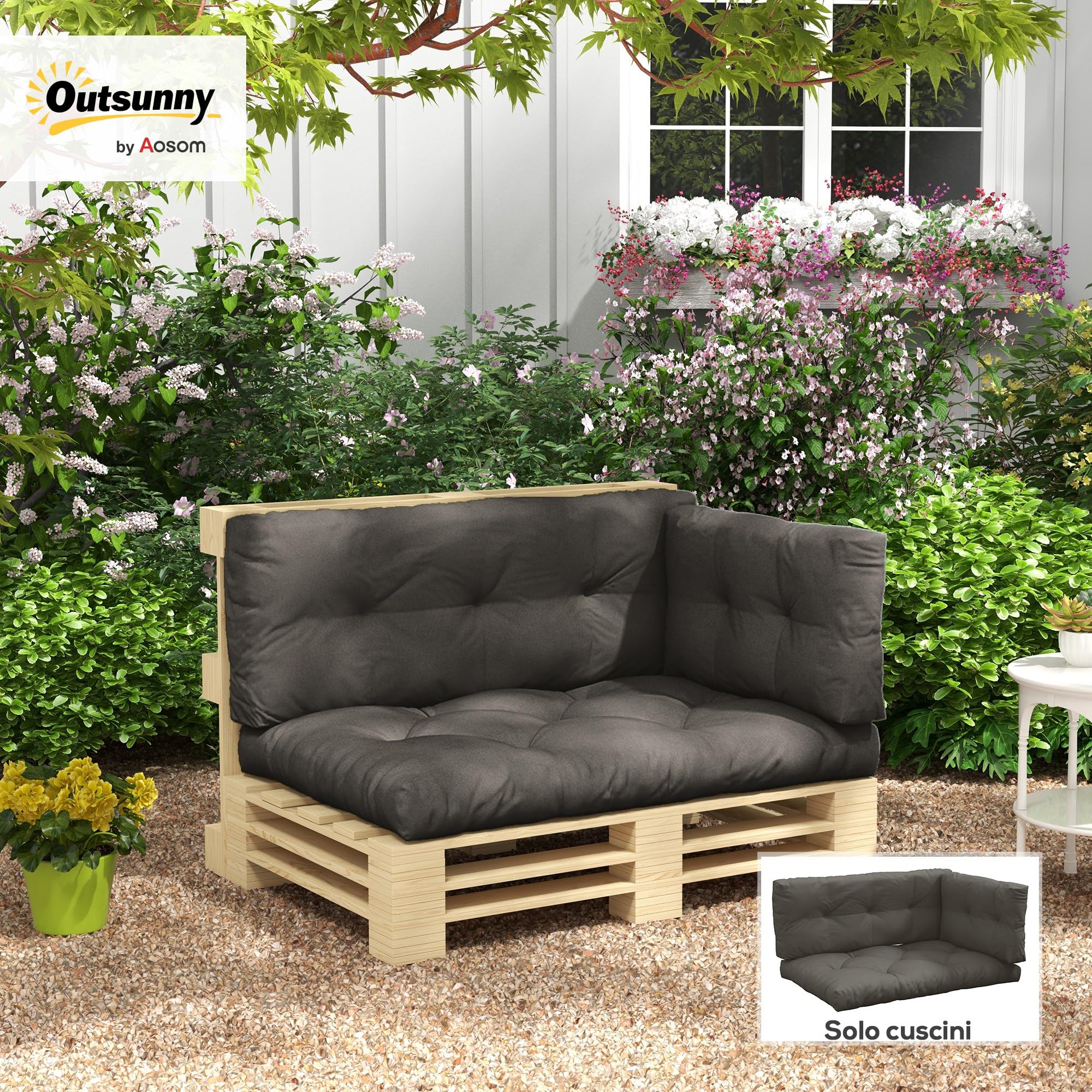 Outsunny Cuscini per Pallet da Giardino 3 Pezzi, Schienale e Seduta, Imbottitura Spessa, Esterno Poliestere, Grigio Carbone