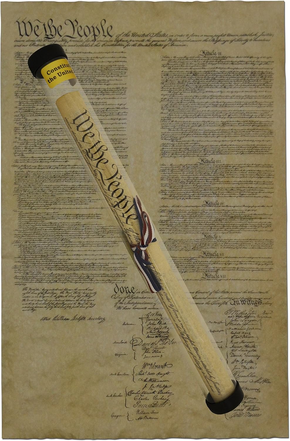 Our Amendments United States Constitution, Authentic Full Size Replica Printed on Antiqued Genuine Parchment. 23 x 29, Ships in Plastic Collector's Tube