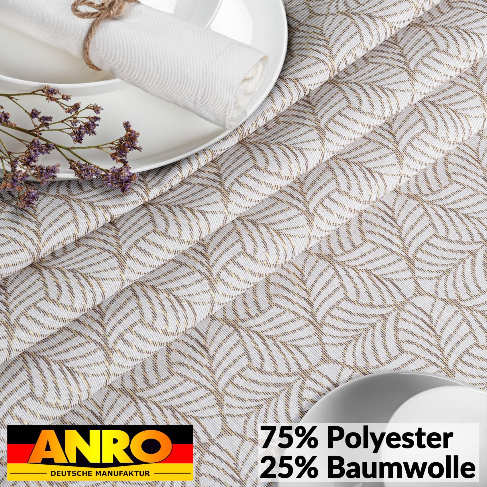 Tischdecke Stoff abwaschbar Lurex Tischtuch Tafeldecke Teflon beschichtet pflegeleicht Lotuseffekt schmutz- & wasserabweisend NATA Blätter Oval 180x140cm Schnittkante Gold