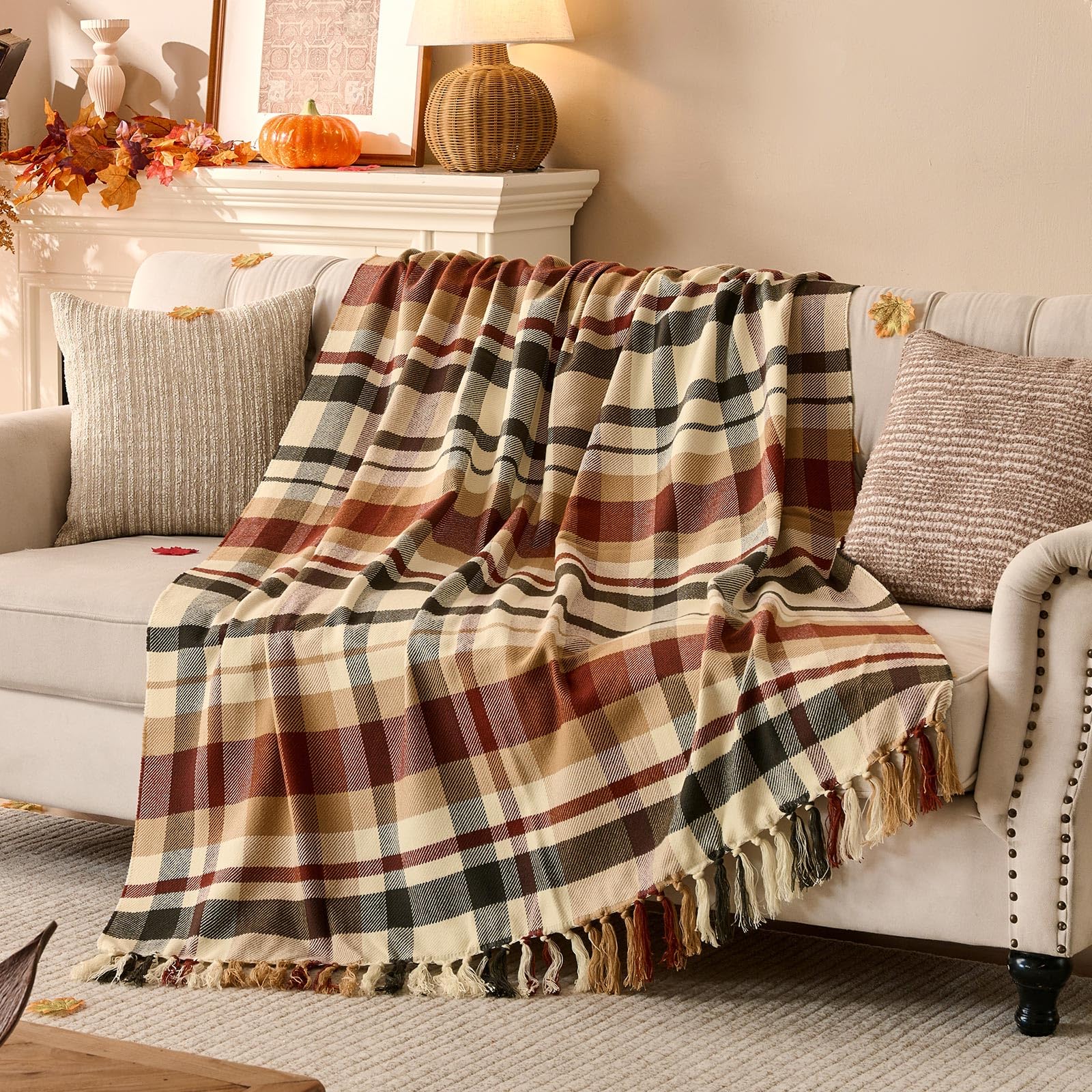 Lanpn Manta Plaid de Otoño Cálida, Suave Frazada con Flecos de Cama Sofá, Mantas Cuadros Dormir Decorativa, Borlas Colcha de Otoñal Dormir Cómoda para Inicio Viajes, Marrón Cheque Jarapa, 130x150 cm