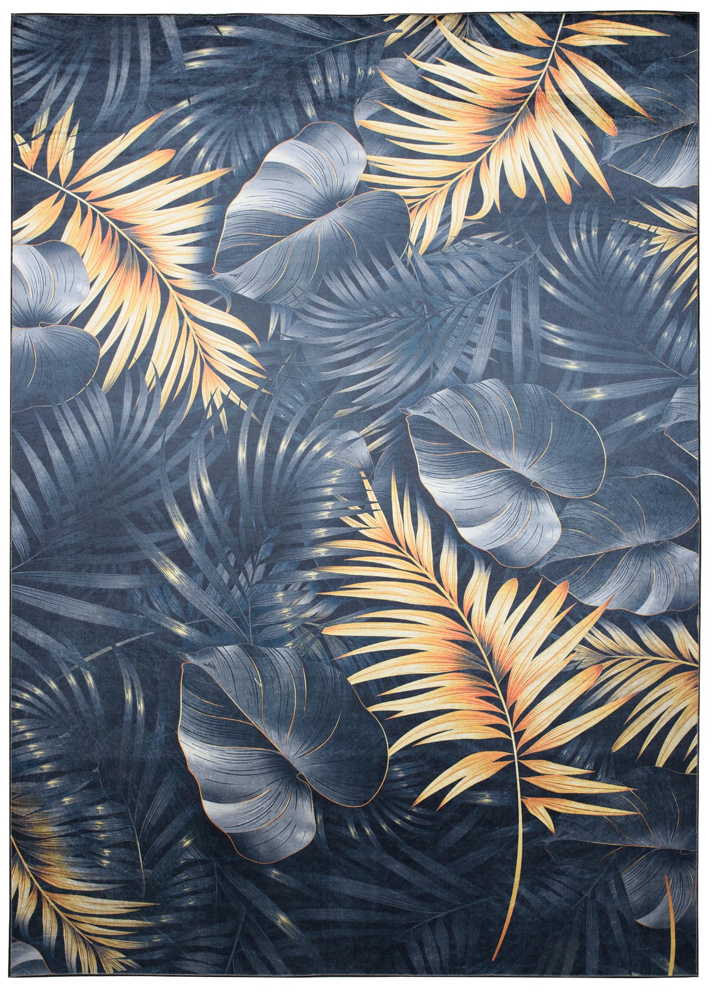 TAPISO Toscana Tapis de Salon Chambre Salle à Manger Bureau Entrée Ado Design Moderne Bleu Marine Jaune Imprimé Motif Feuilles de Monstère Palmier Poil Court Doux Léger Antidérapant 200 x 300 cm