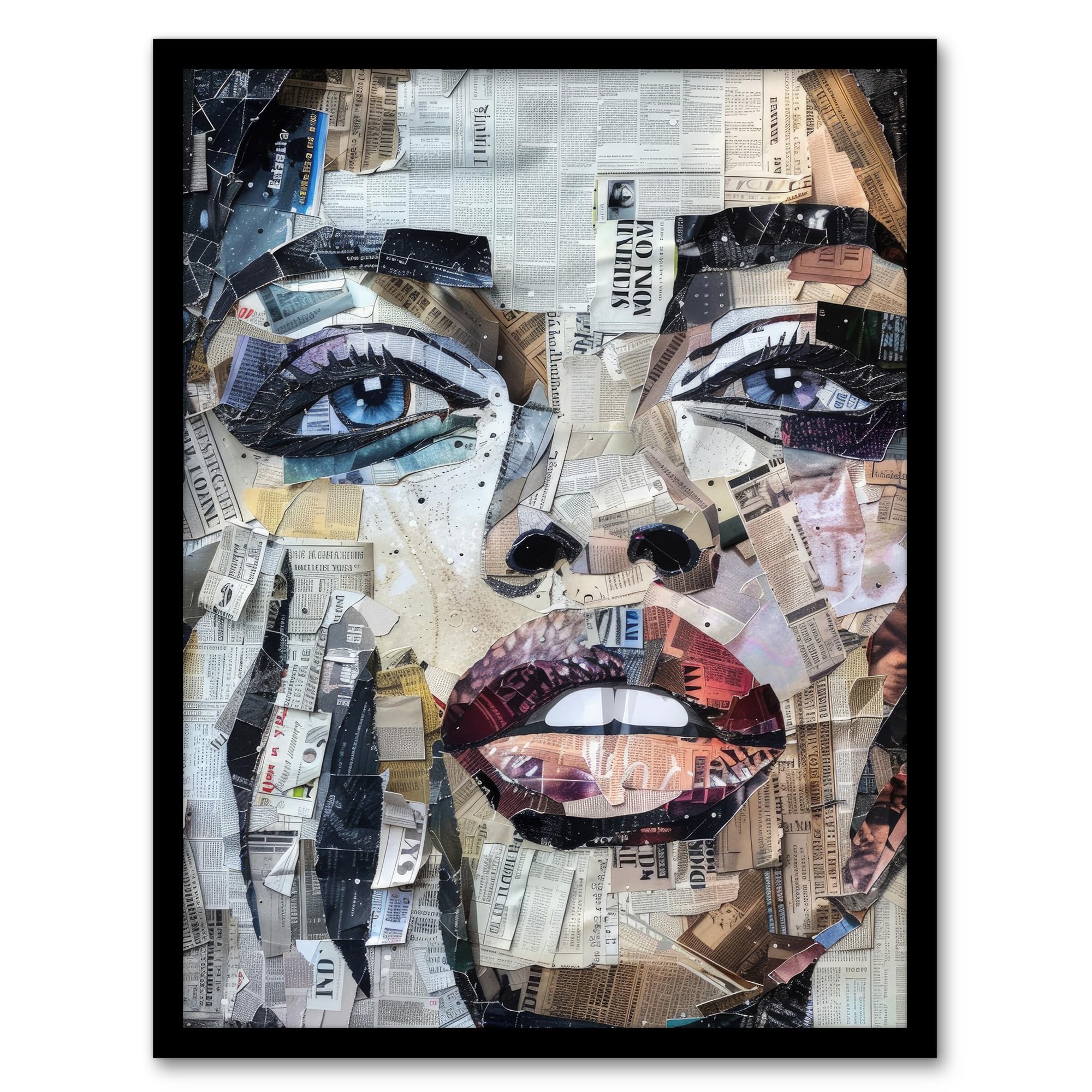 Artery8 Woman Face Newspaper Collage Portrait For Living Room Artwork Framed Wall Art Print 18X24 Inch