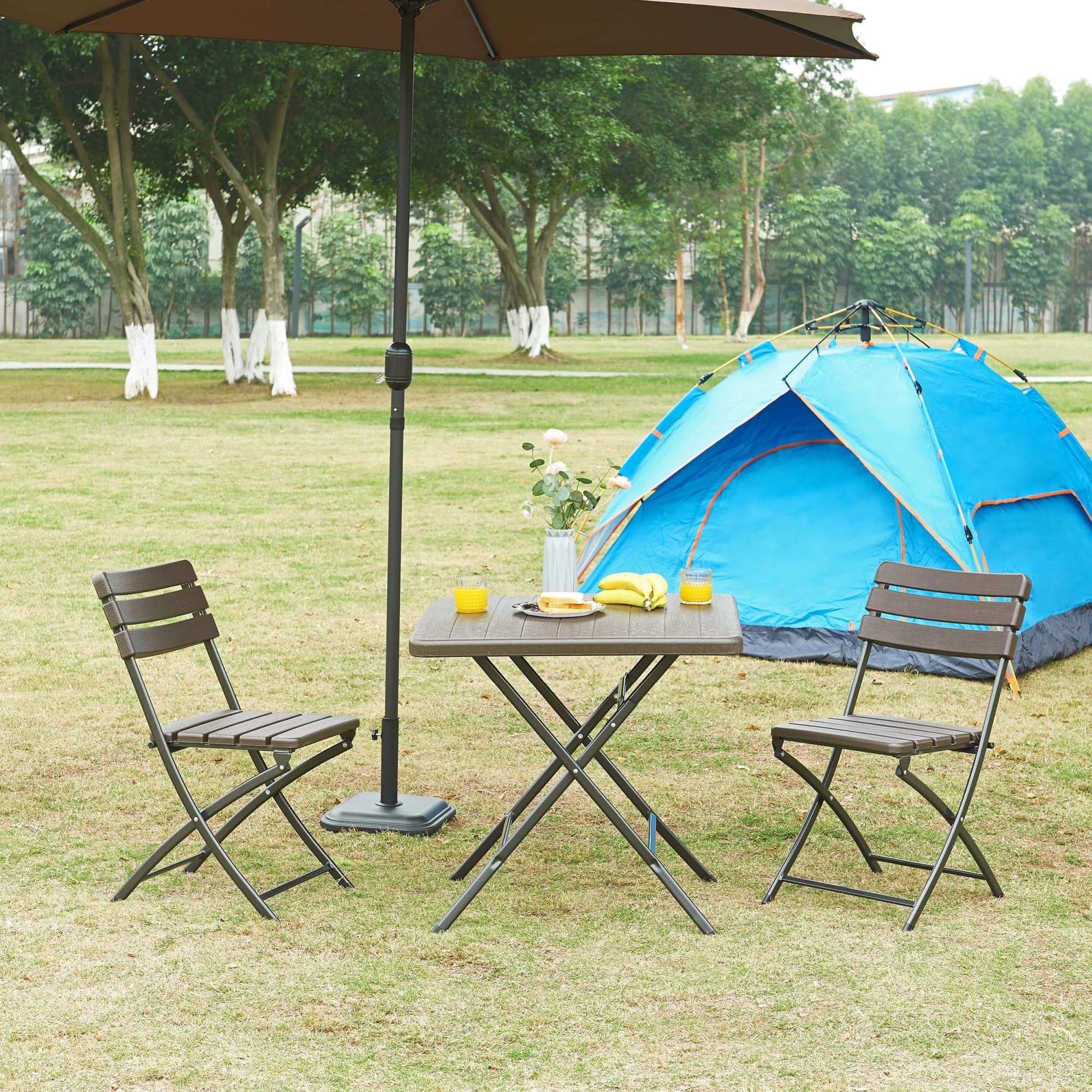 [en.casa] pro.tec składany stół piknikowy Camping przenośny stół do użytku na zewnątrz metalowa rama i blat plastikowy stół 78 x 78 x 74 cm brązowy efekt drewna