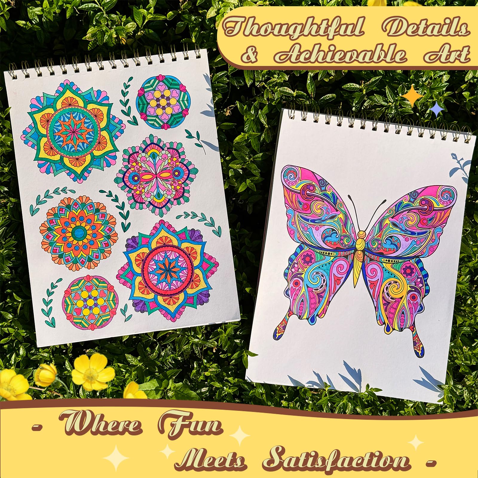LORHAKI Malbuch-Set für Erwachsene, 3 Spiralbindungen, Mandala, von der Natur inspiriertes Tier-Malbuch, 200 g/m², kein Ausbluten, dickes Papier, optimal für Entspannung und Stressabbau, für Damen,