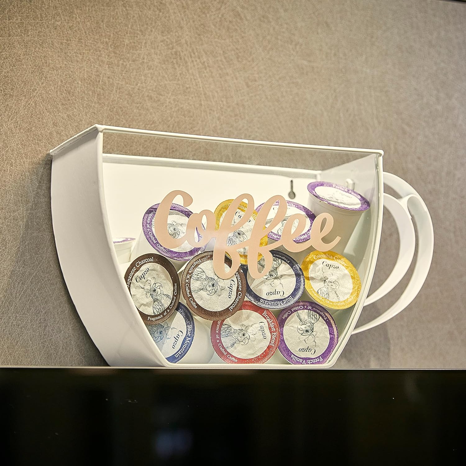 CoffeeI.V.™ Coffee Cup Shaped Pod Holder - Wall Mounted or Counter Top, Anti Slip - Durable, Functional, Space Saving - Doubles as Decor For Your Kitchen, Coffee Bar - Glass Front (Sugar White)