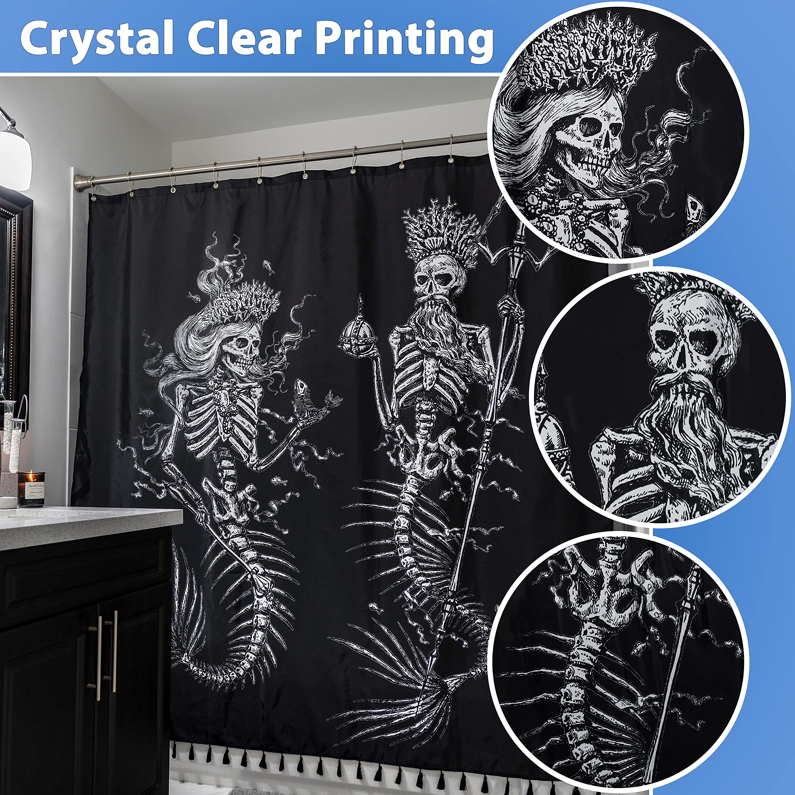 Flash Flood Cortina de ducha negra con diseño de sirena y esqueleto para decoración de baño gótica y calavera, resistente al agua