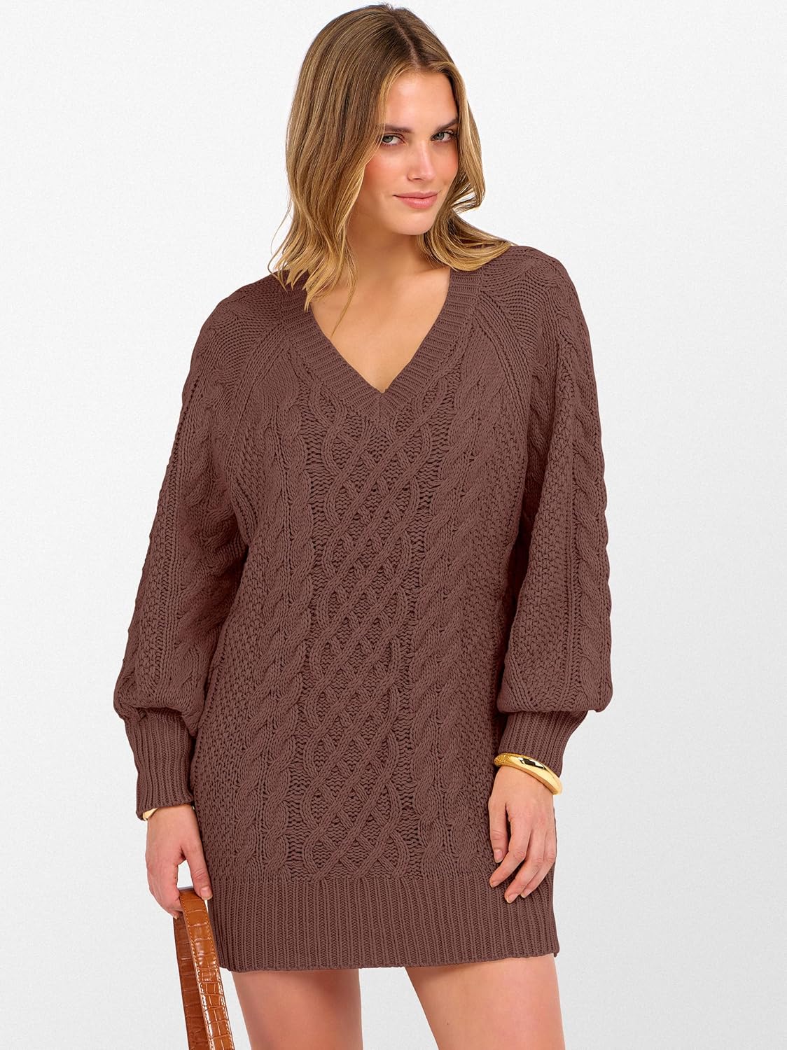 ANRABESS Womens Long Sleeve V Neck Oversized Cable Knit Mini Sweater Dresses 2025 Winter Fall Trendy Pullover Tunic Outfits - Image 3