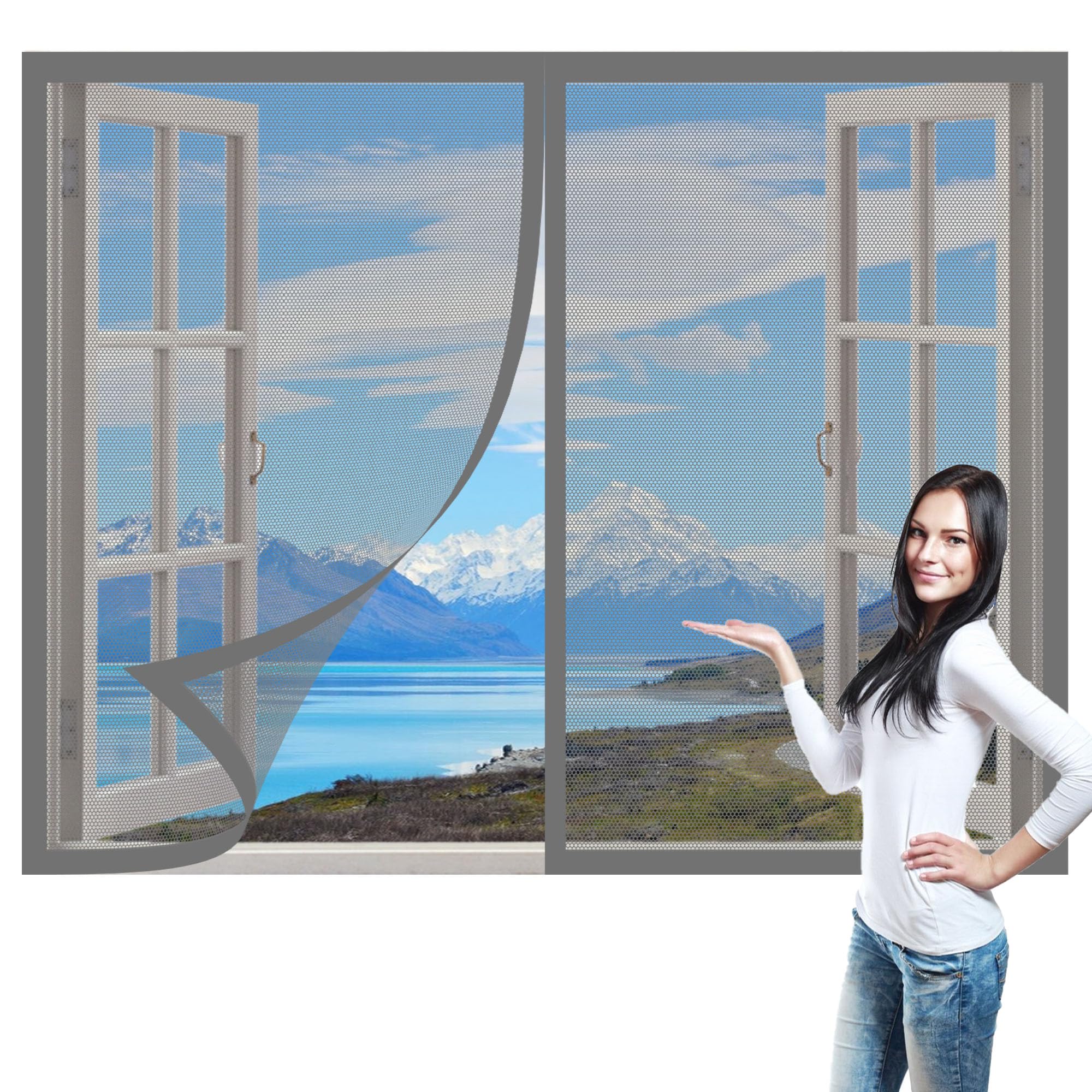 Window Fly Screen 165 x 135 cm with Selfadhesive DIY Fly Screen for Windows Easy Installation for Living Room Bedroom Offfice, Grey