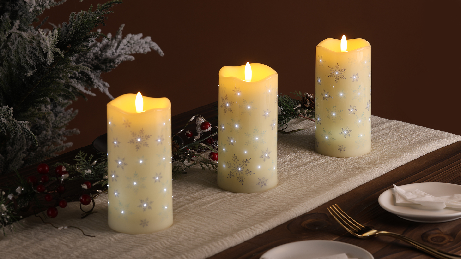 Image of Eywamage Christmas Flameless Pillar Candles with Remote, Snowflakes Fiber Optic LED Candles Battery Operated Set of 3