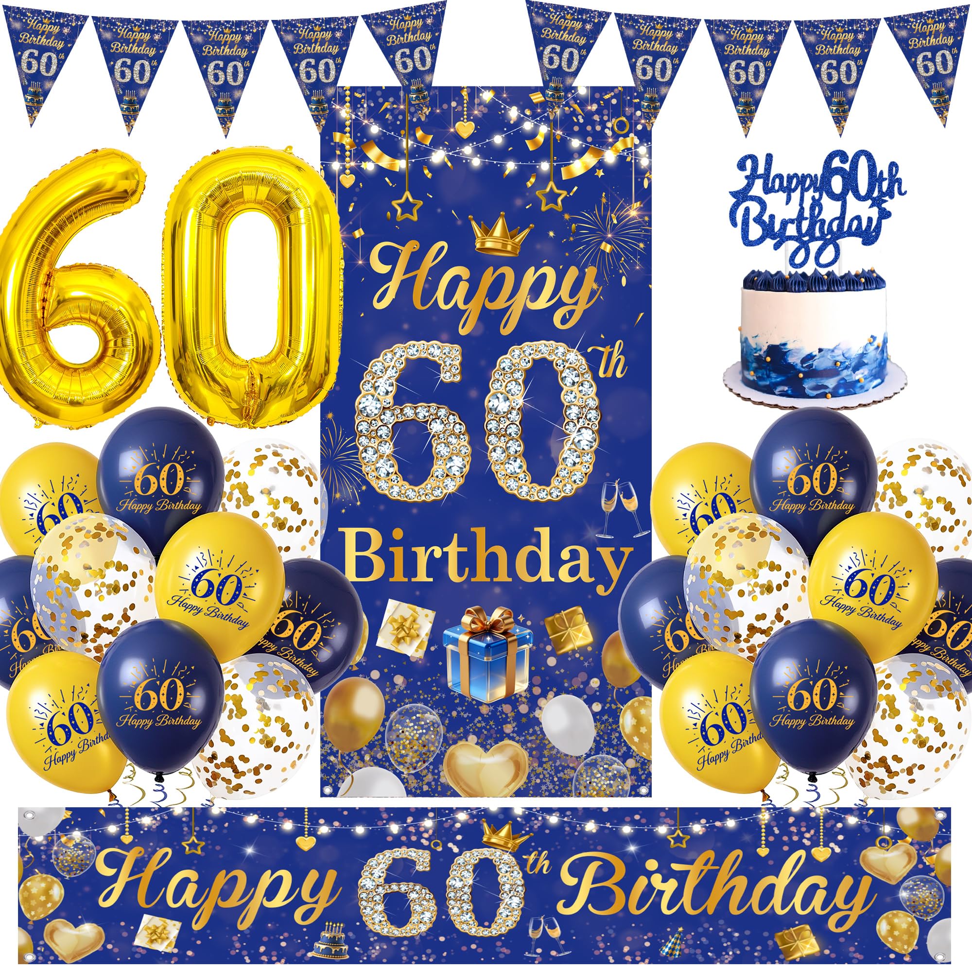 Happy 60th Birthday Balloons Decorations, Blue Gold Party Banner Set