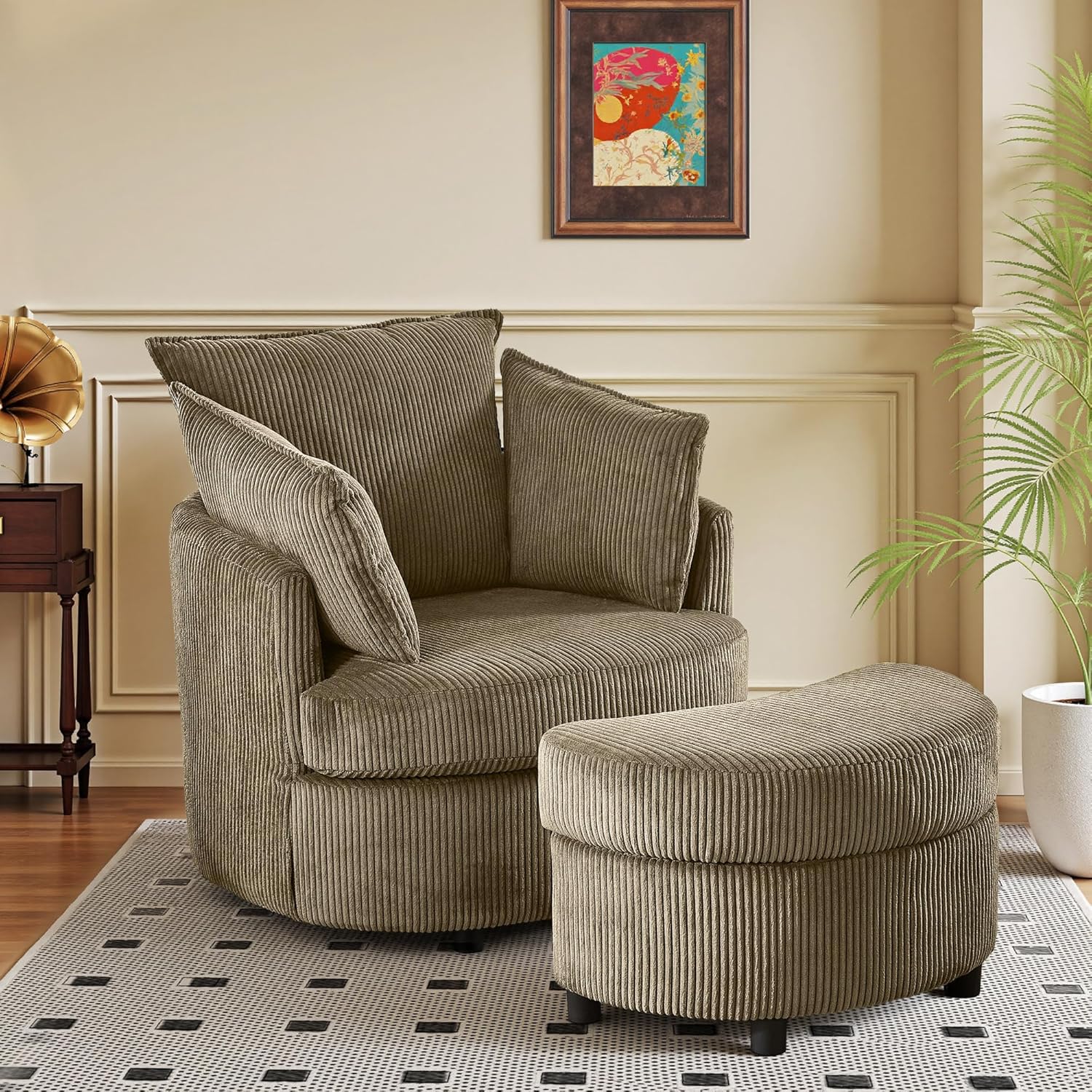Swivel Accent Chair,Comfy Reading Chairs for Bedroom,Modern Corduroy Arm Chair with Ottoman,360°Swivel Barrel Chairs for Living Room,Apartment (Brown, 1)
