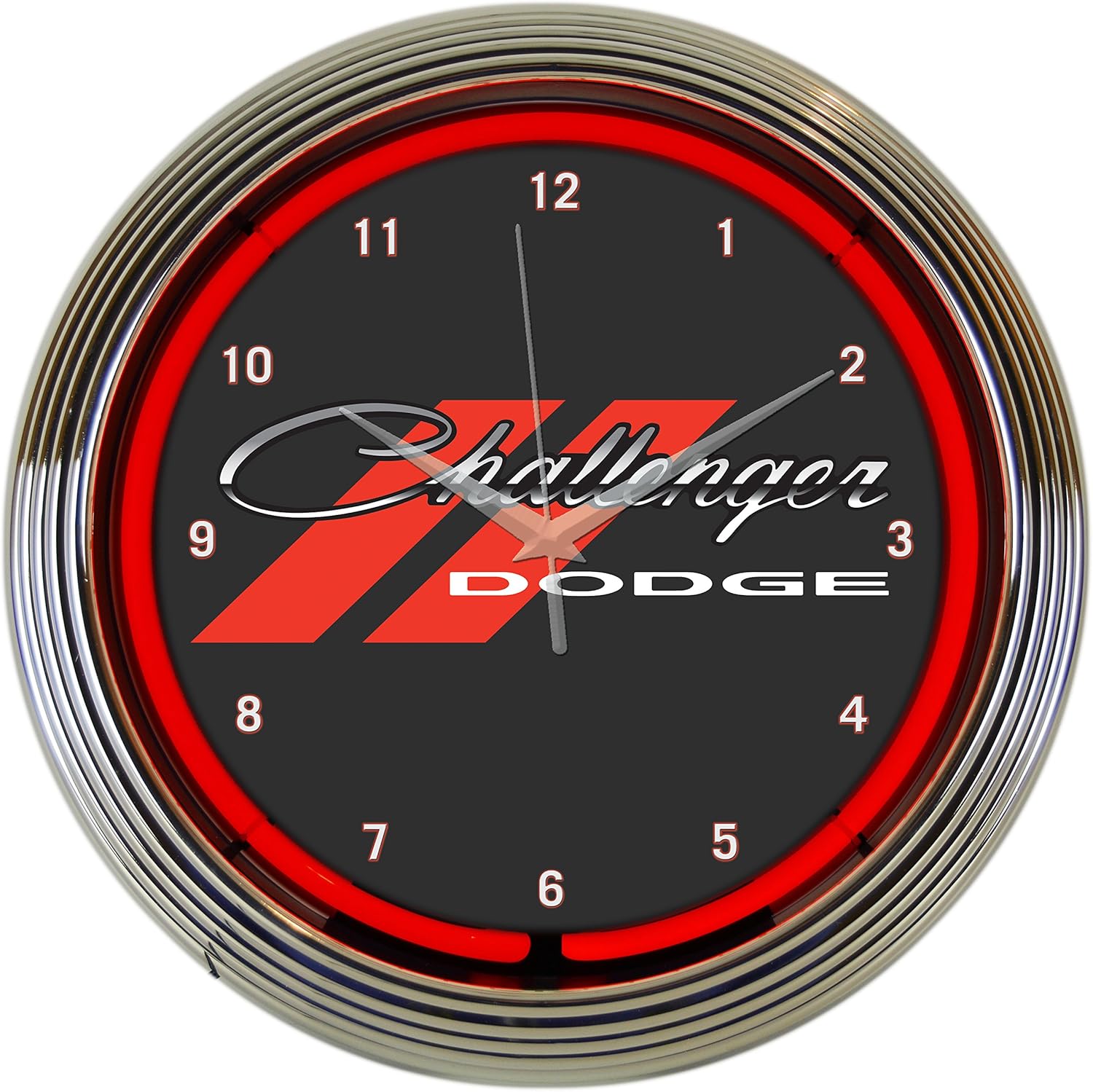 Dodge Challenger Red Neon Clock 15 Inch Diameter with Chrome Rim and Red Neon – 8CLGCK