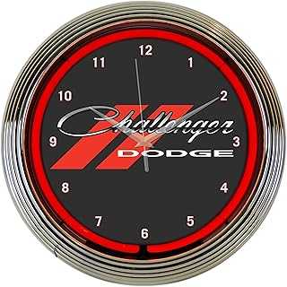 Dodge Challenger Red Neon Clock 15 Inch Diameter with Chrome Rim and Red Neon â€“ 8CLGCK