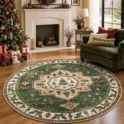 Christmas Rug 5 ft Round Area Rug - Xmas Carpet Washable Rugs Christmas Decorations Decor for Bedroom Dining Room Living Room and Under Christmas Tree Green
