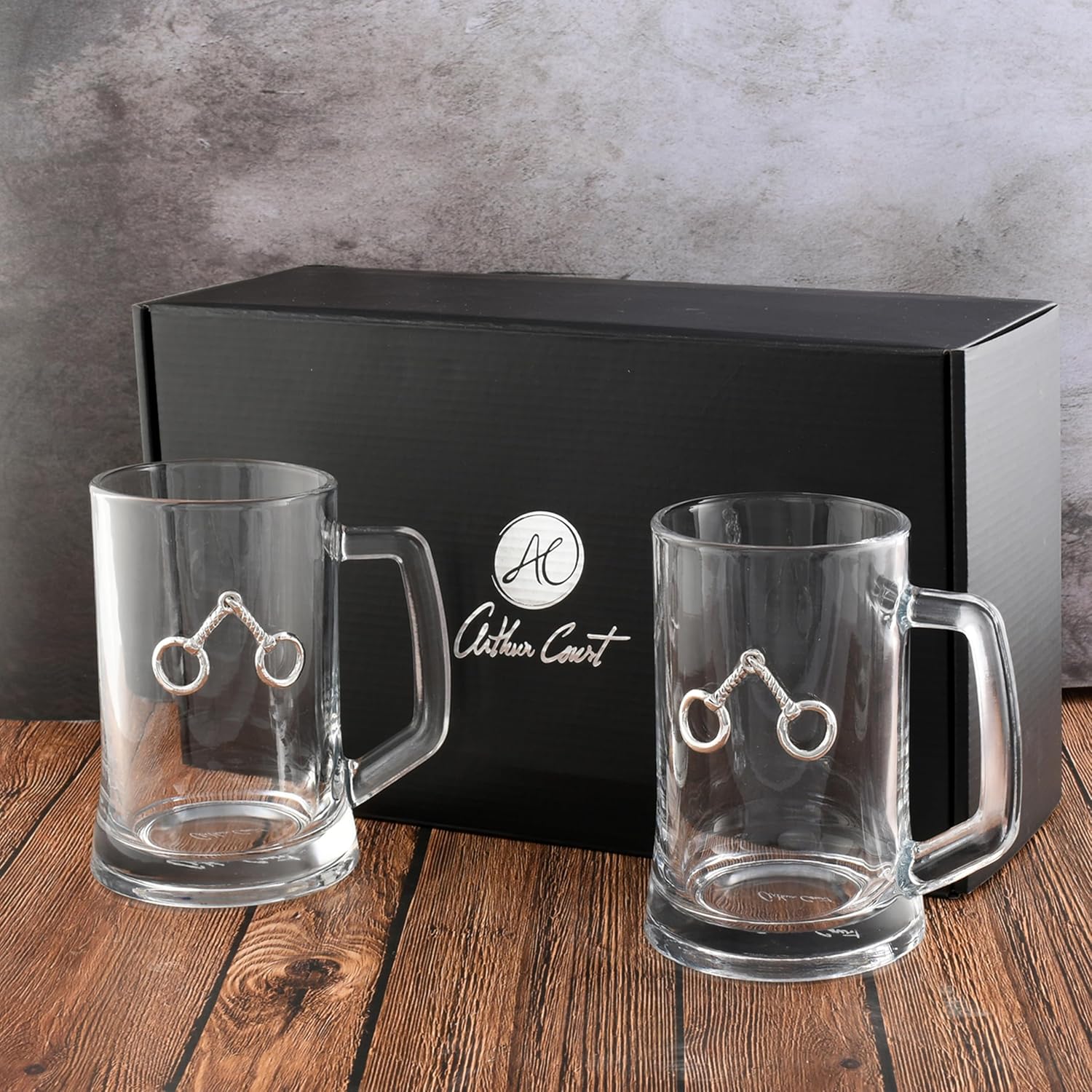 Arthur Court Equestrian Bit Beer Mugs Set of 2 Aluminum and Glass 16oz Lager Mugs
