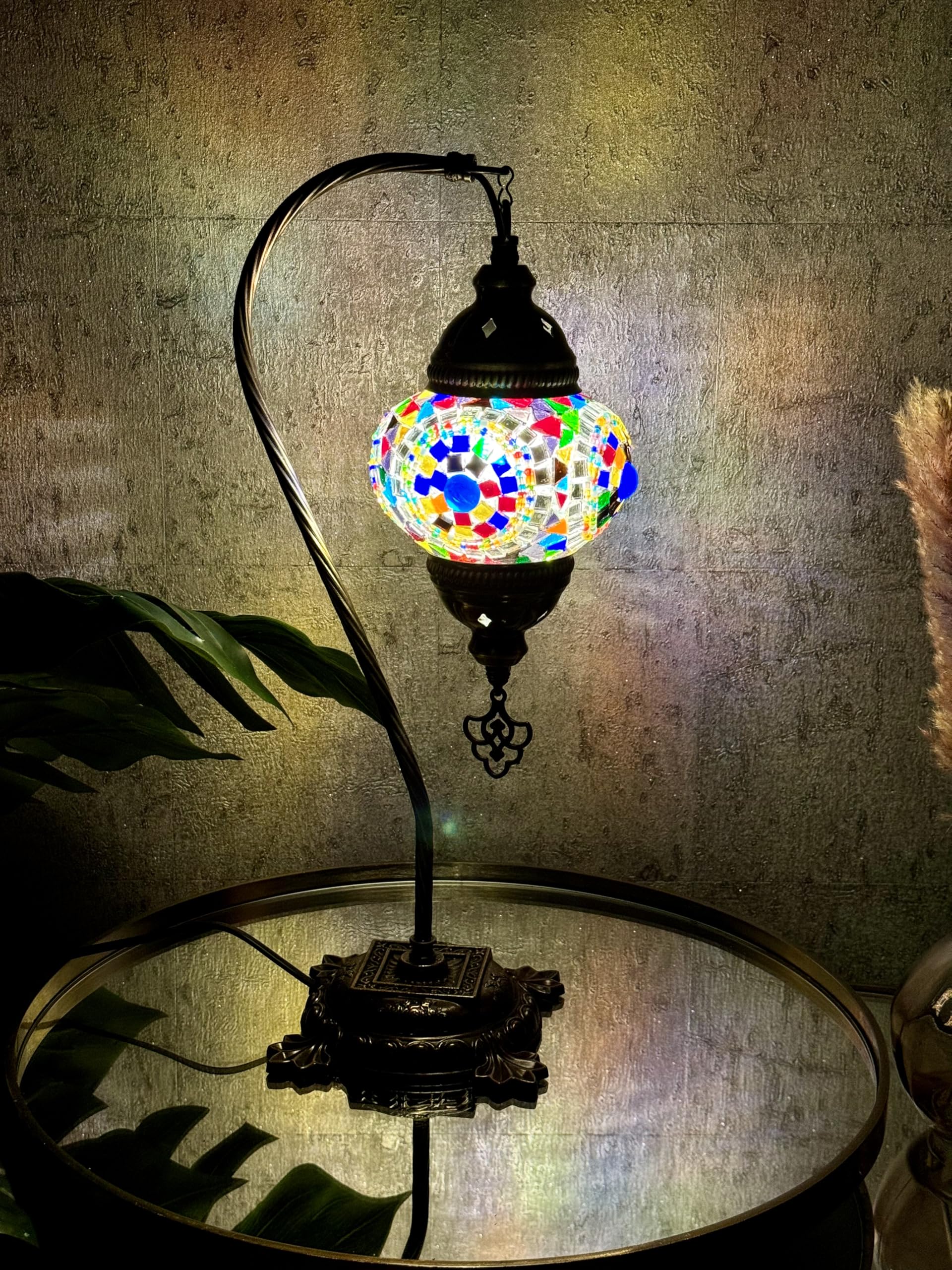 Lightza Handmade Turkish Moroccan Mosaic Desk Lamp LED Bulb | Swan Neck Unique Globe Lampshade Table Light | UK Tested Safe Energy Efficient (Multi Color with Big Globe) โ image 1
