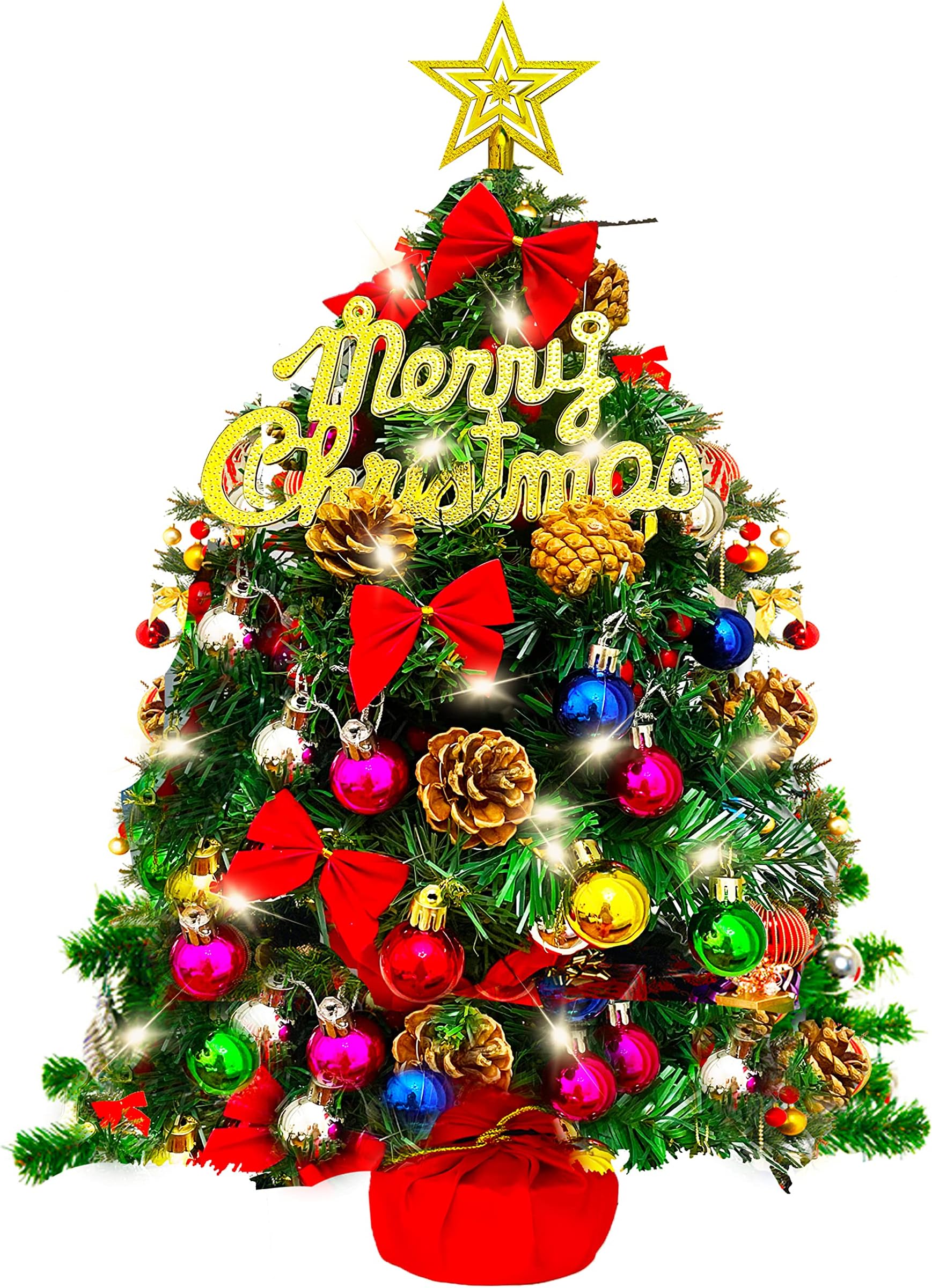22" Tabletop Christmas Tree Decoration with 50 LED Lights, Mini Artificial Small Christmas Tree, Ornaments, Pine Cones, Star Tree Topper, Bows for Holiday Xmas Decor