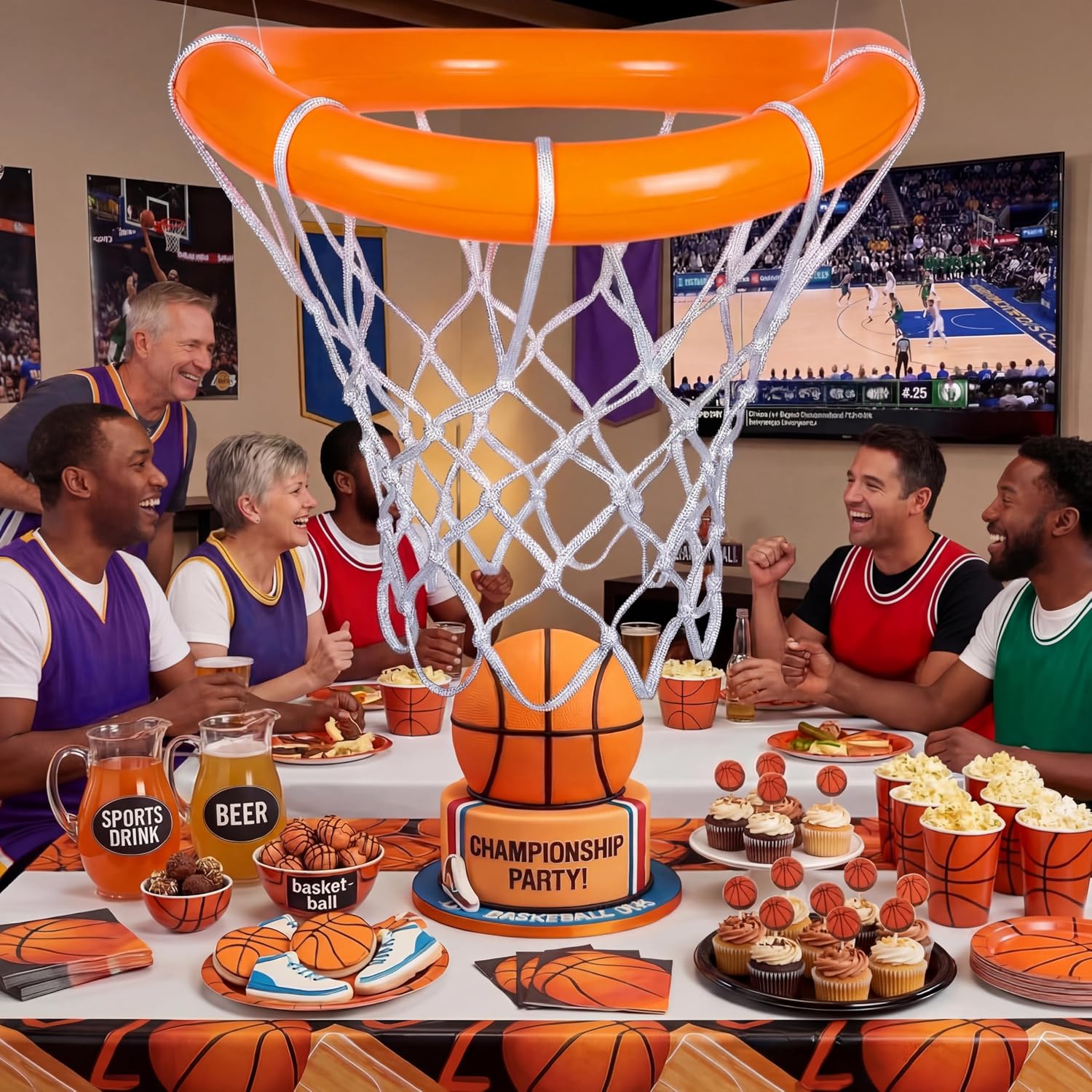 Lewtemi 1 Set Basketball Hoop Party Decorations, 27.6 in Inflatable Basketball Hoop with Net Hanging Decor for Senior Night, Sport Theme Birthday, College Sports Celebration Indoor Outdoor Decor