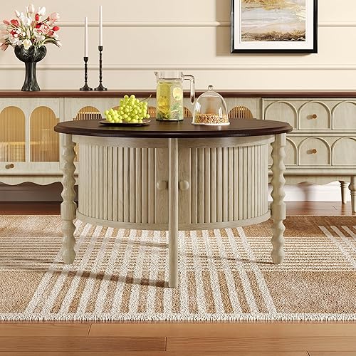 30.3" Vintage Solid Wood Round Coffee Table with Storage for Living Room, Mid Century Modern Cocktail Drum Center Table with Sliding Door, Accent Retro able for Bedroom Apartmen, Beige and Espresso