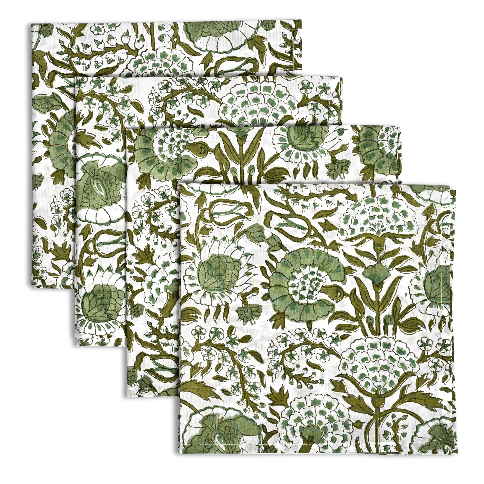CPC Agate Green Indian Block Print Cotton Cloth Napkins Set of 4, 18x18 Reusable Everyday Napkins, Soft, Absorbent, Floral Dinner Napkin, Holiday, Party Gift, Spring,Mother's Day