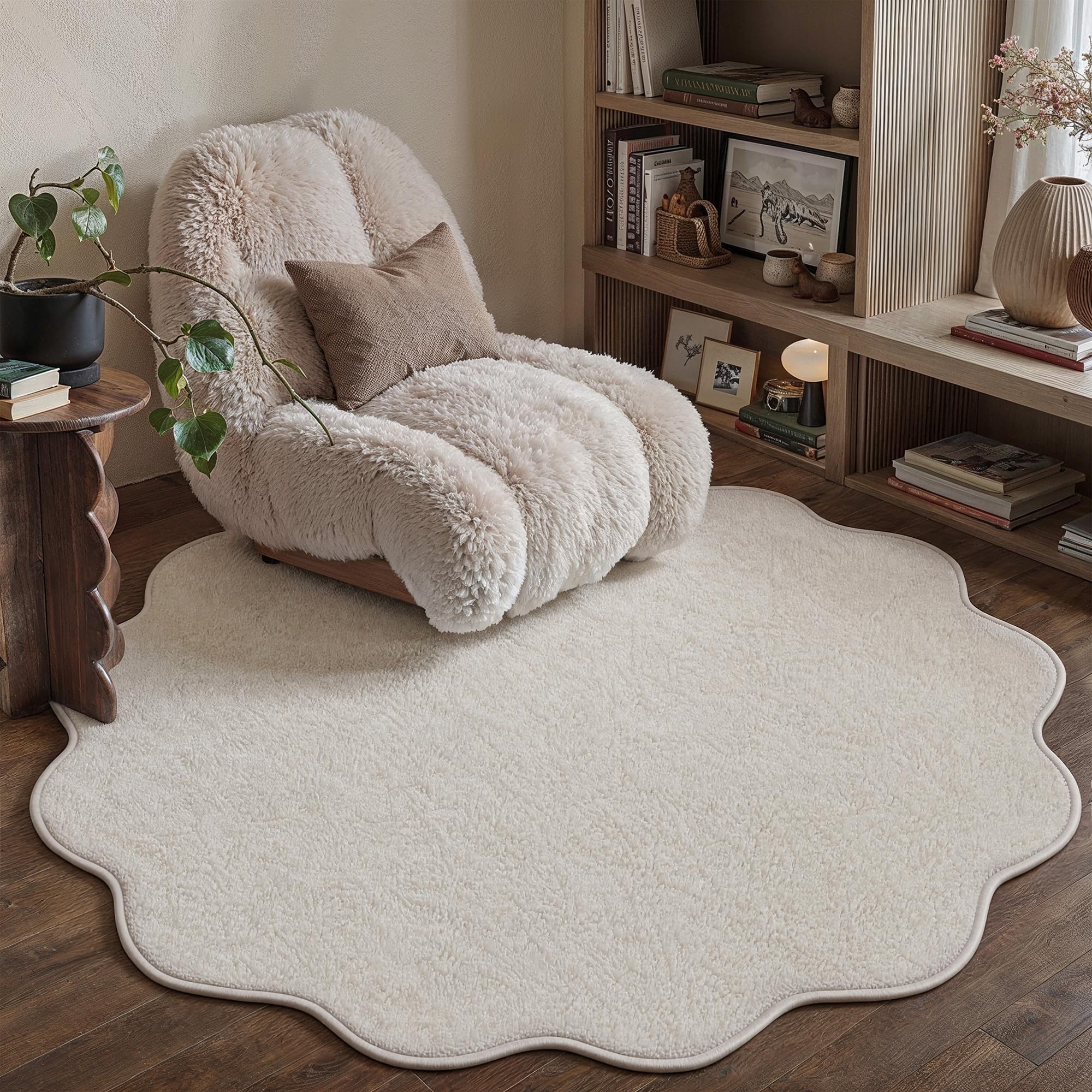 PureCozy Round Rug 120cm Soft Fluffy Washable Circle Carpet, Beige — image 1
