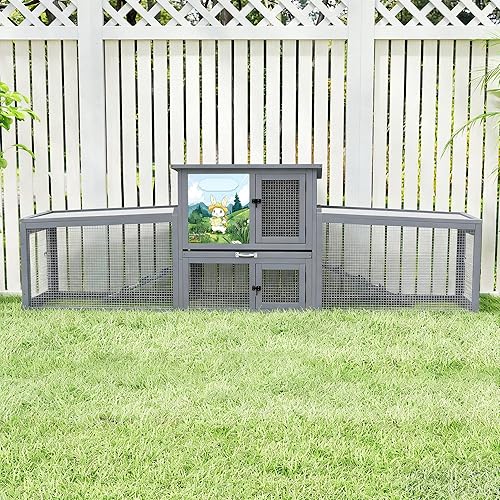 COZIWOW 95inches Extra Large Wood Rabbit Hutch Outdoor Easy to Assemble and Stable Bunny Cage Indoor with Cleaning Tray & Waterproof Roof for Small and Medium Bunny Rabbit Chick（Grey with Pattern）