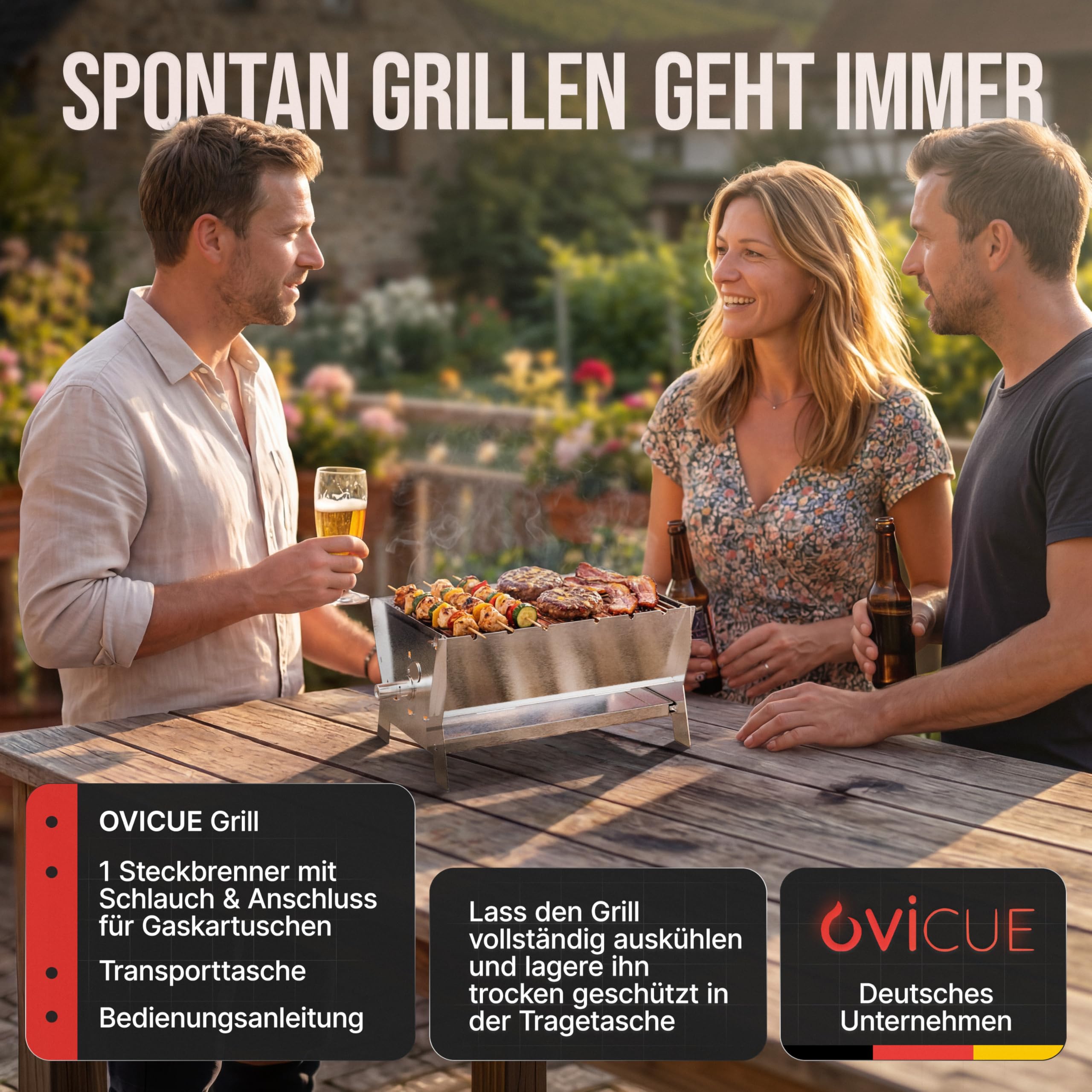Grill | Mobiler Steck-Gasgrill – Tragbarer Edelstahlgrill mit Stecksystem – Gas- & Holzkohlebetrieb – Inkl. Tragetasche – Perfekt für Camping, Balkon, Garten & Outdoor - Camping Grill