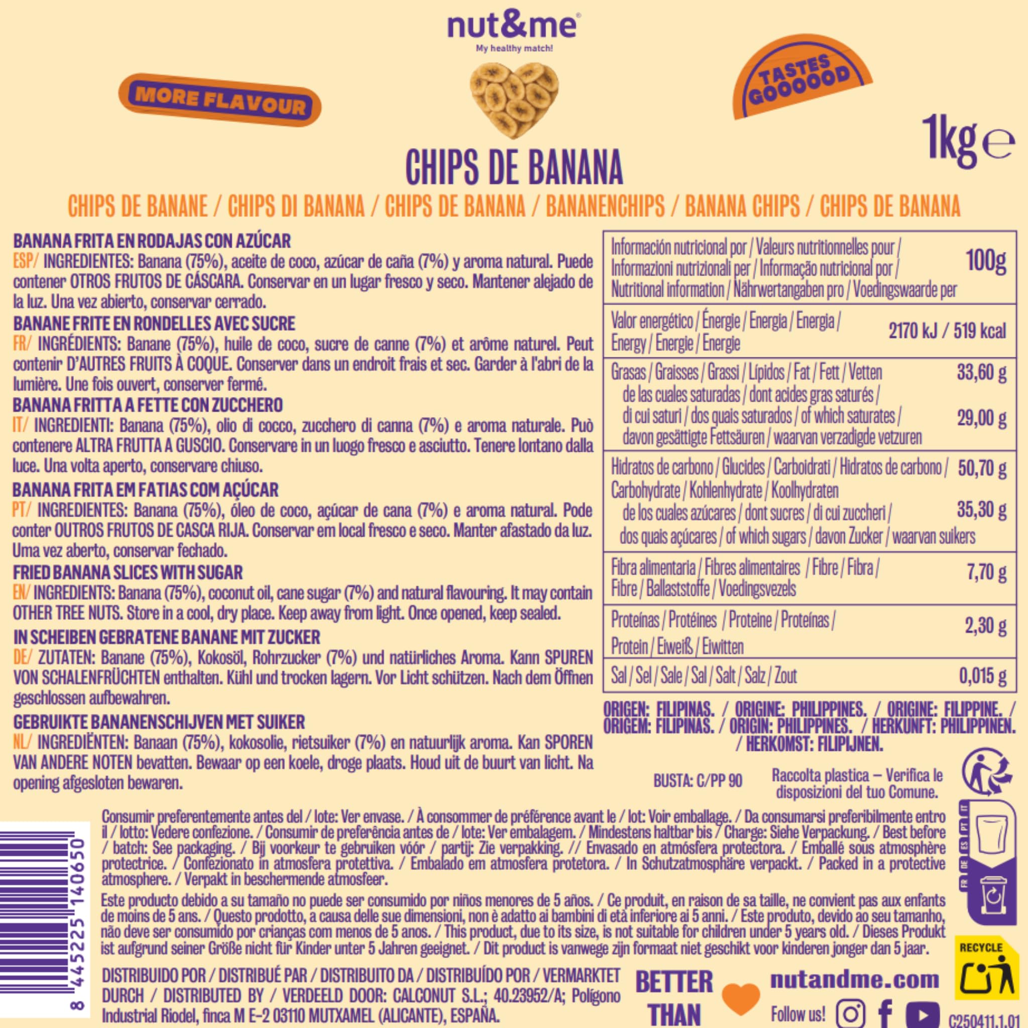 Chips de platano 1 kg nut&me | Vegetariano | Sin lactosa| Vegano | Bajo contenido en sal | Snack ideal