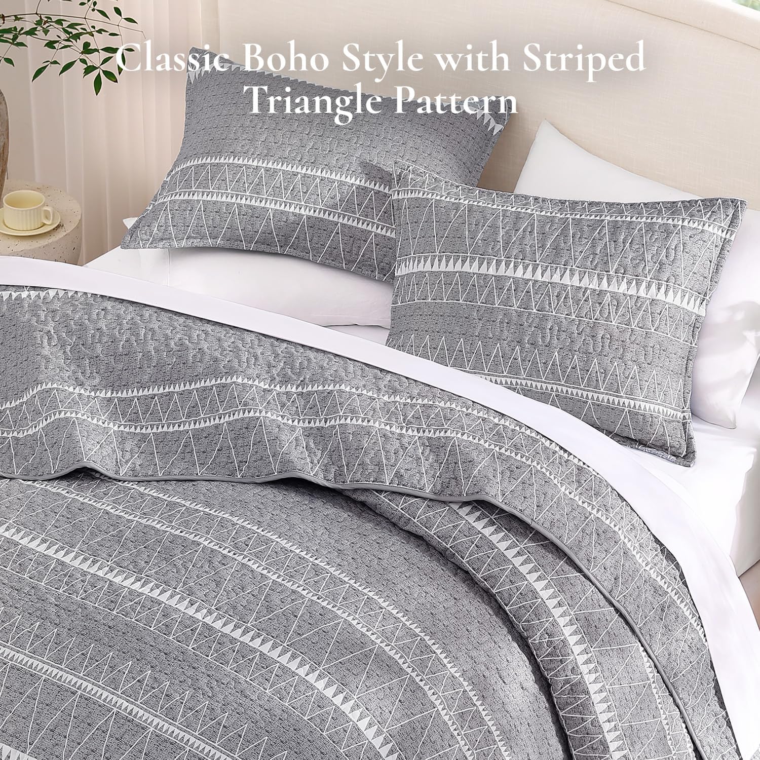 Andency King Size Quilt Set Grey, 3 Pieces Boho Lightweight Soft Striped Bedspread for All Season (106"x96"), Gray Printed Bohemian Polyester Reversible Coverlet Comforter Sets