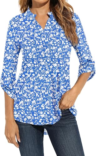Zattcas Womens Floral Printed Ladies Tunic Tops 3/4 Sleeve Notch V Neck Work Blo