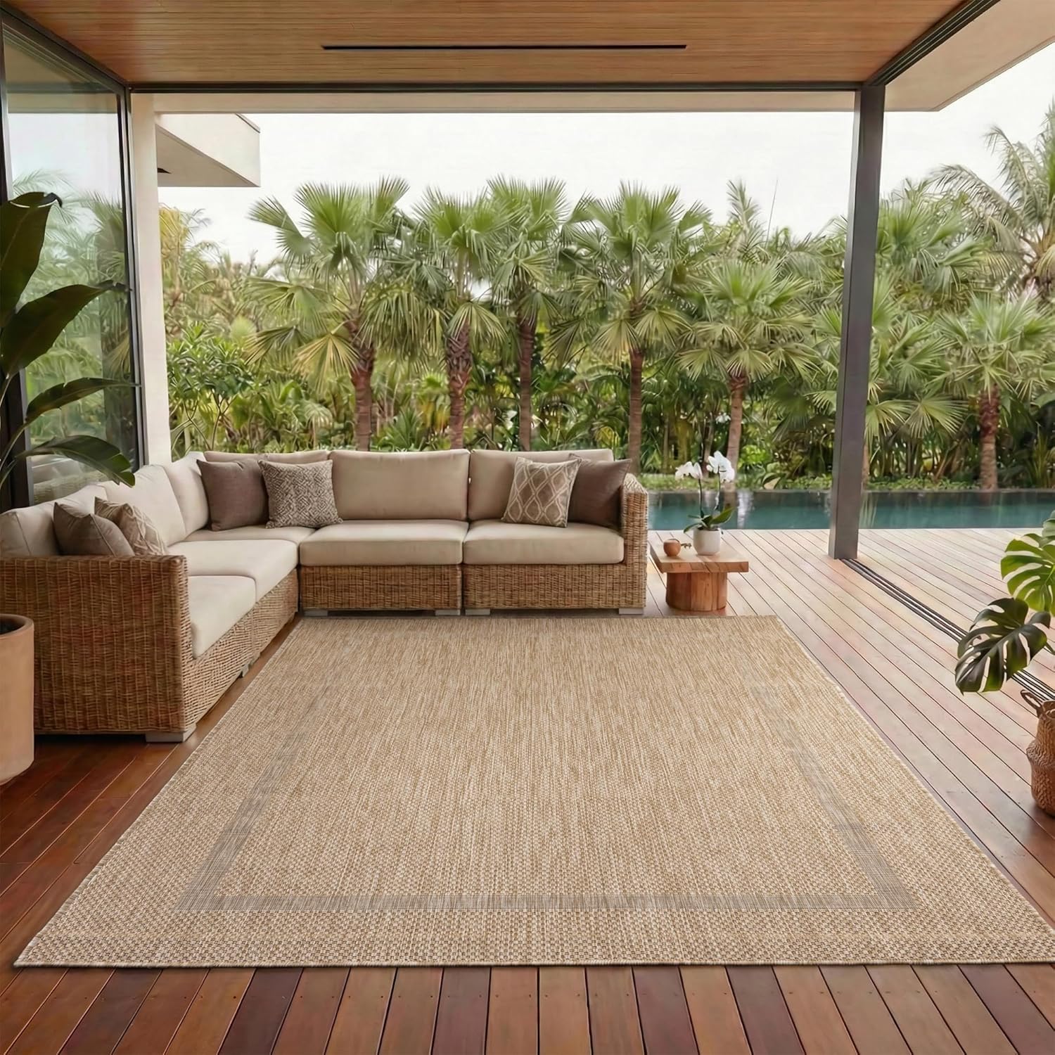 Outdoor Teppich Wetterfest Einfarbiges Design Terrasse Balkon Teppich Küche Garten Sisal-Look Küchenteppich Läufer Flur, Größe: 200 x 290 cm, Farbe: Beige