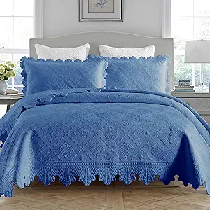 MarCielo 3-Piece 100% Cotton Oversized Bedspread Lightweight Quilt Coverlet Embroidery Farmhouse Bedding Set (Tk Midtone Blue, Oversized Queen (100"x106"))