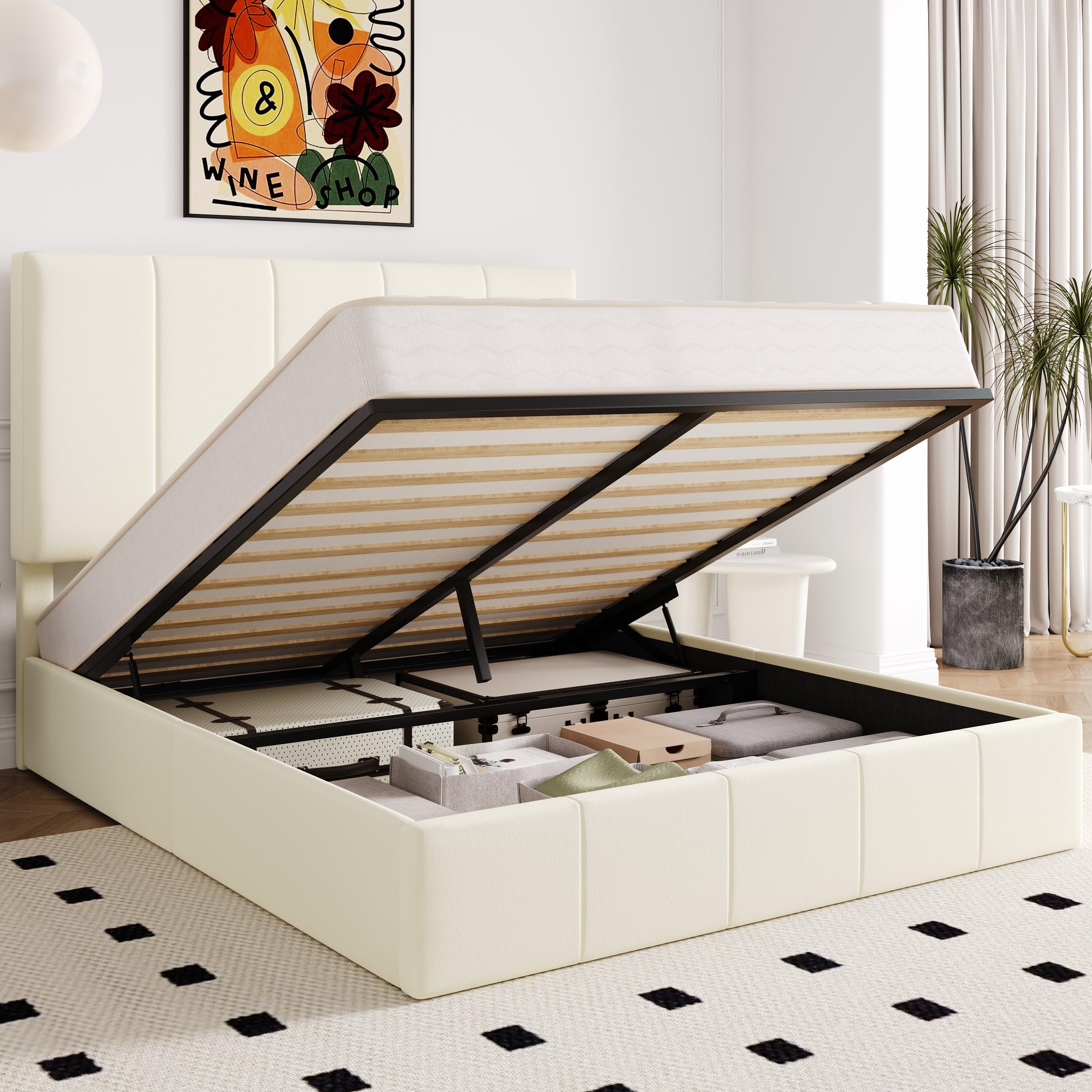 Allewie Full Size Velvet Lift Up Storage Bed Frame, Vertical Channel Tufted Headboard, Hydrualic Underneath Storage, Upholstered Platform Bed, Wooden