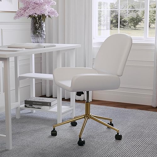 Miniatura 2 de Martha Stewart Tyla Silla giratoria sin brazos para oficina en casa en piel sintética blanca con marco de latón pulido