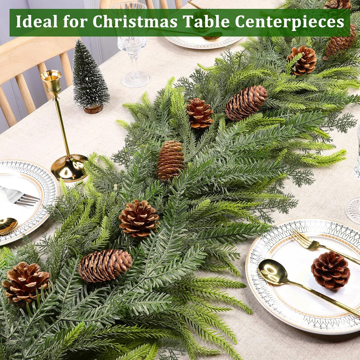 6フィートの人工ノーフォークシダーガーランド、フェイクグリーンウィンタークリスマスガーランド、サイプレスパインコーン付き、テーブルマ