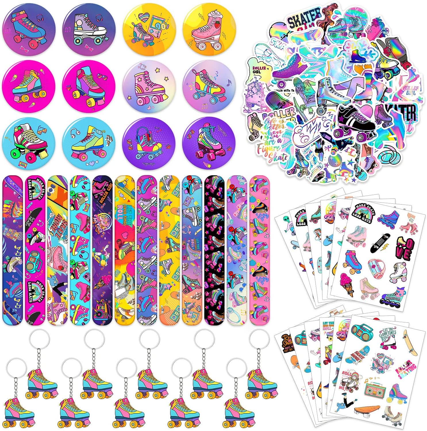 Roller Skate Party Favors Party Bags Fillers 98PCS Roller Skating Birthday Party Supplies Decoration with Slap Bracelets, Stickers, Key Chains, Pin Badges and Temporary Tattoos for Kids Boys Girls